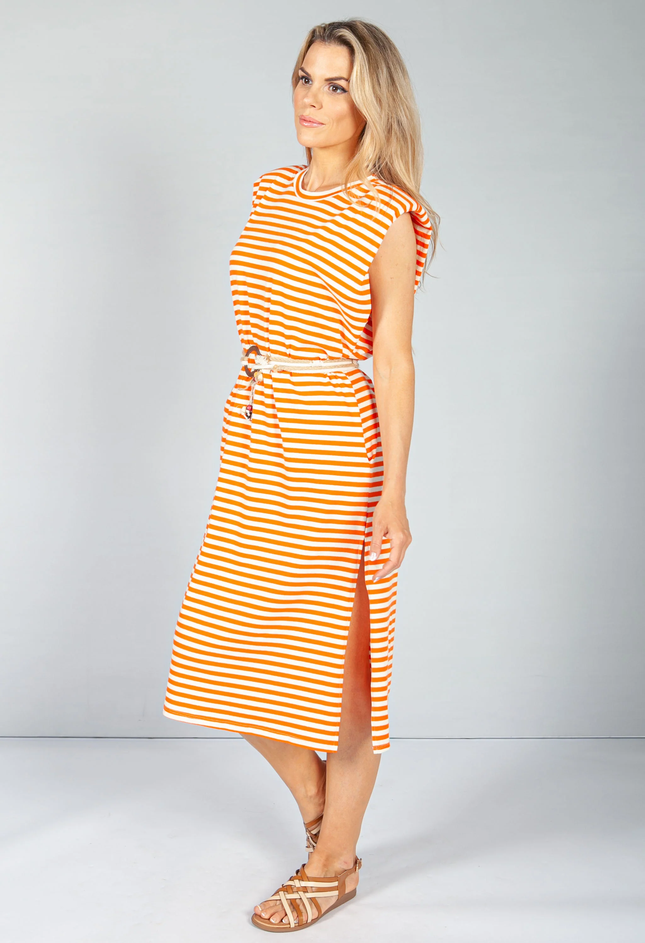 Summer Orange Stripe Belted Dress