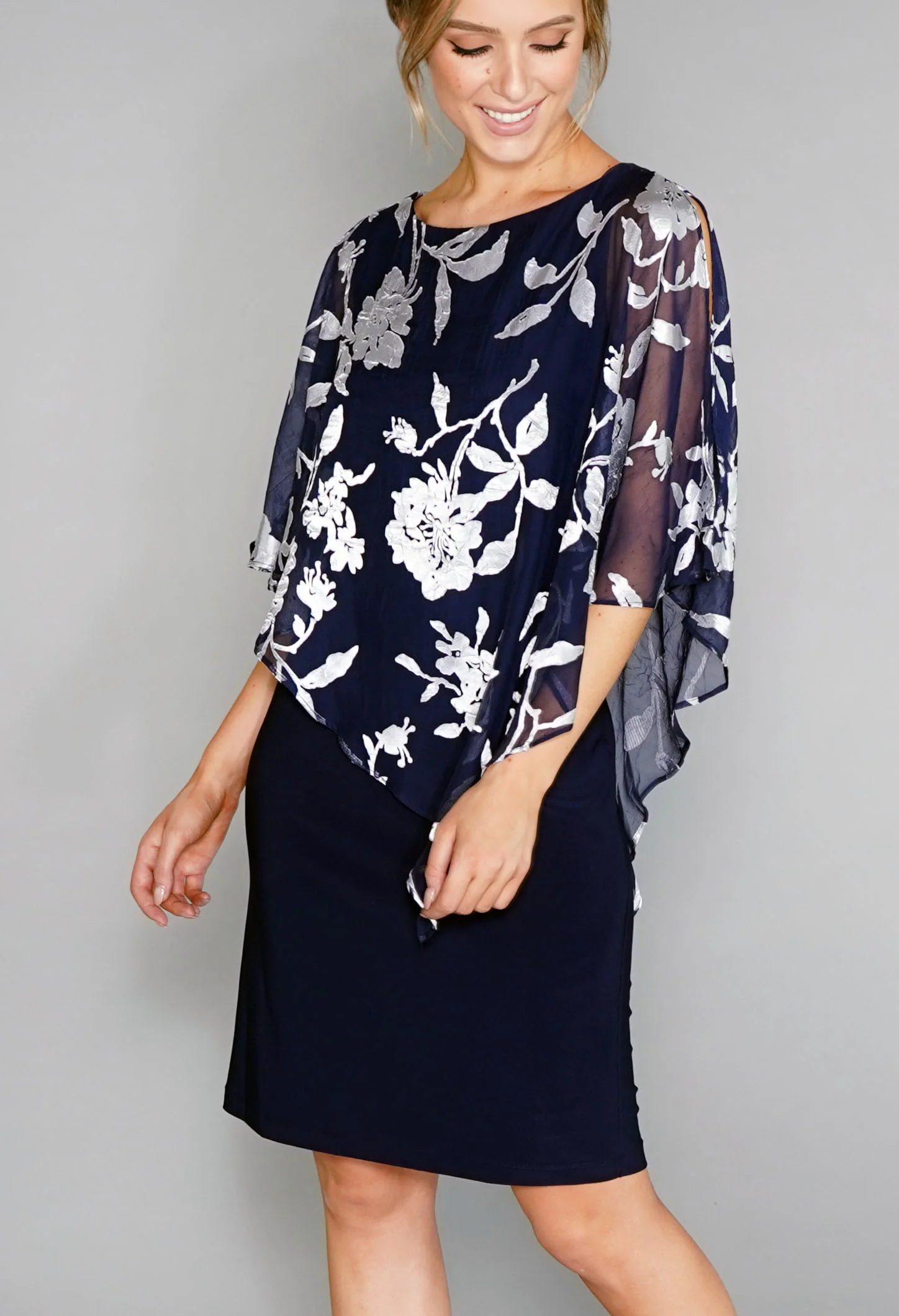 Navy and Silver Chiffon Cape Dress
