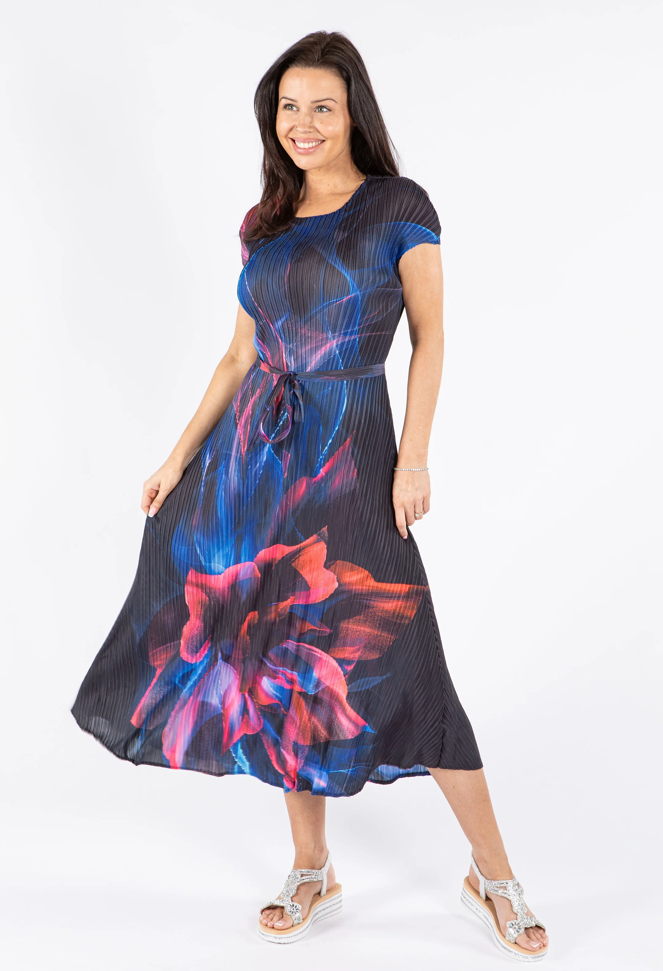 Pleated Abstract Print Midi Dress