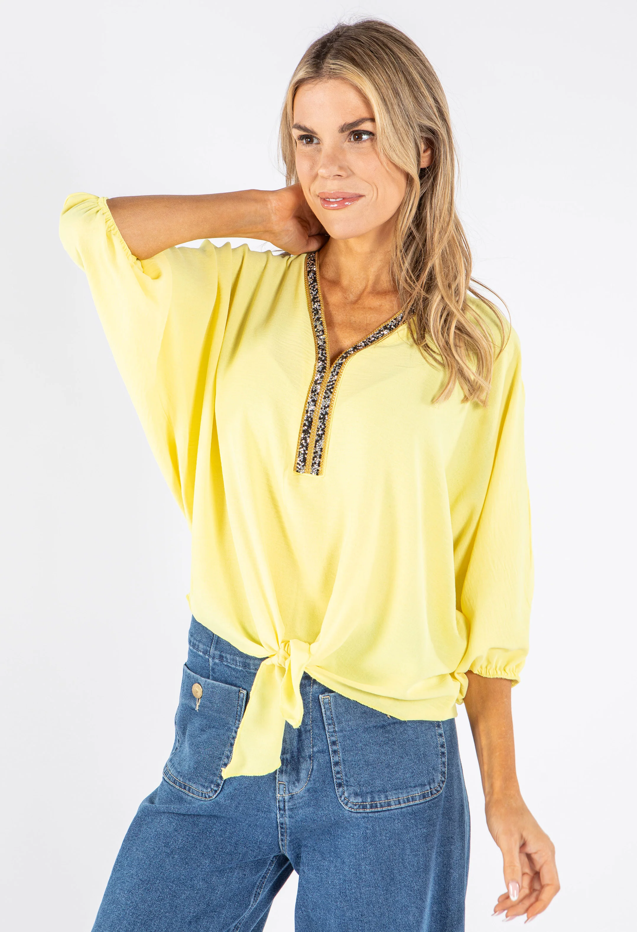 Diamante Neckline Tie Front top