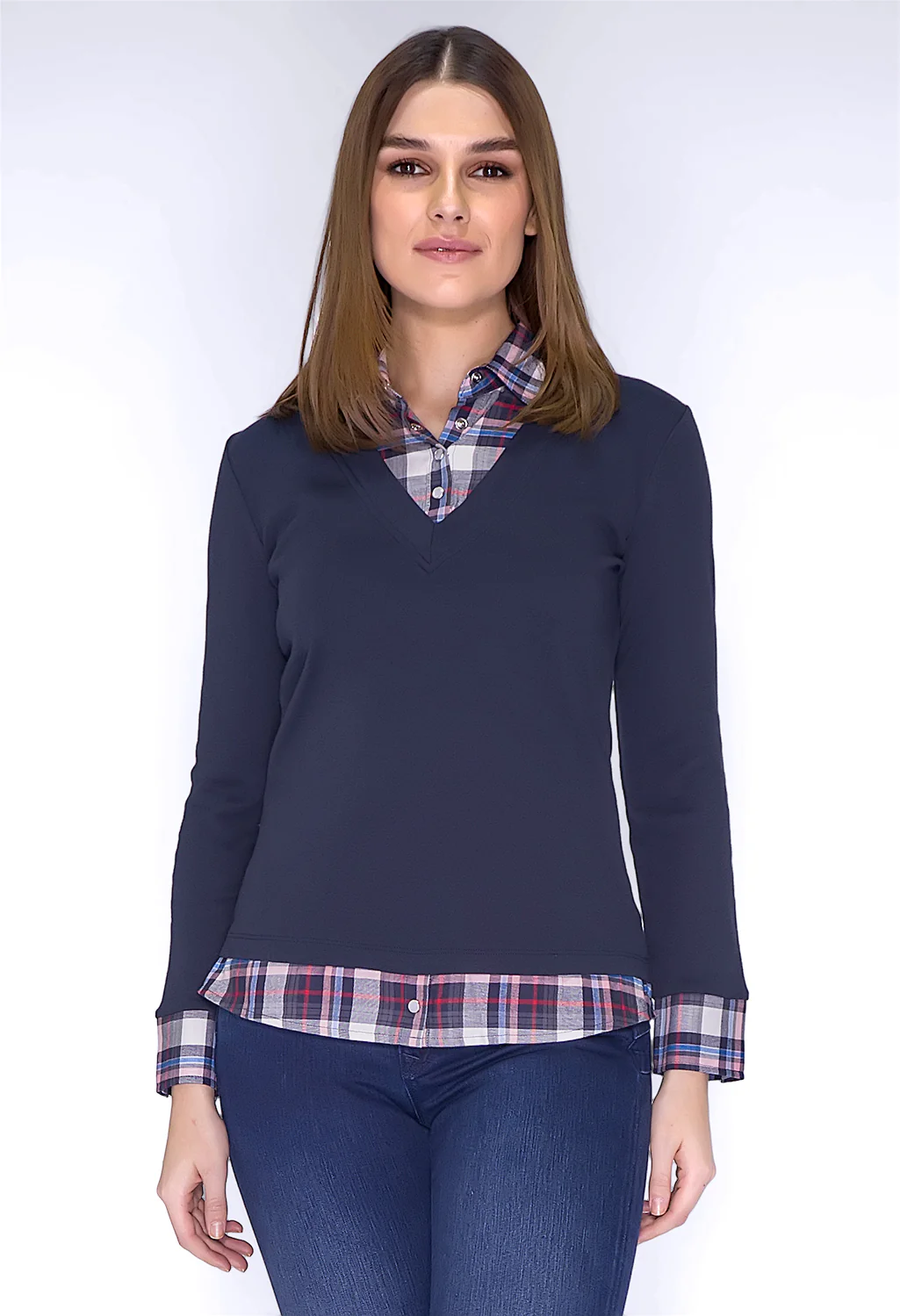 Navy Top with Checked Shirt Details