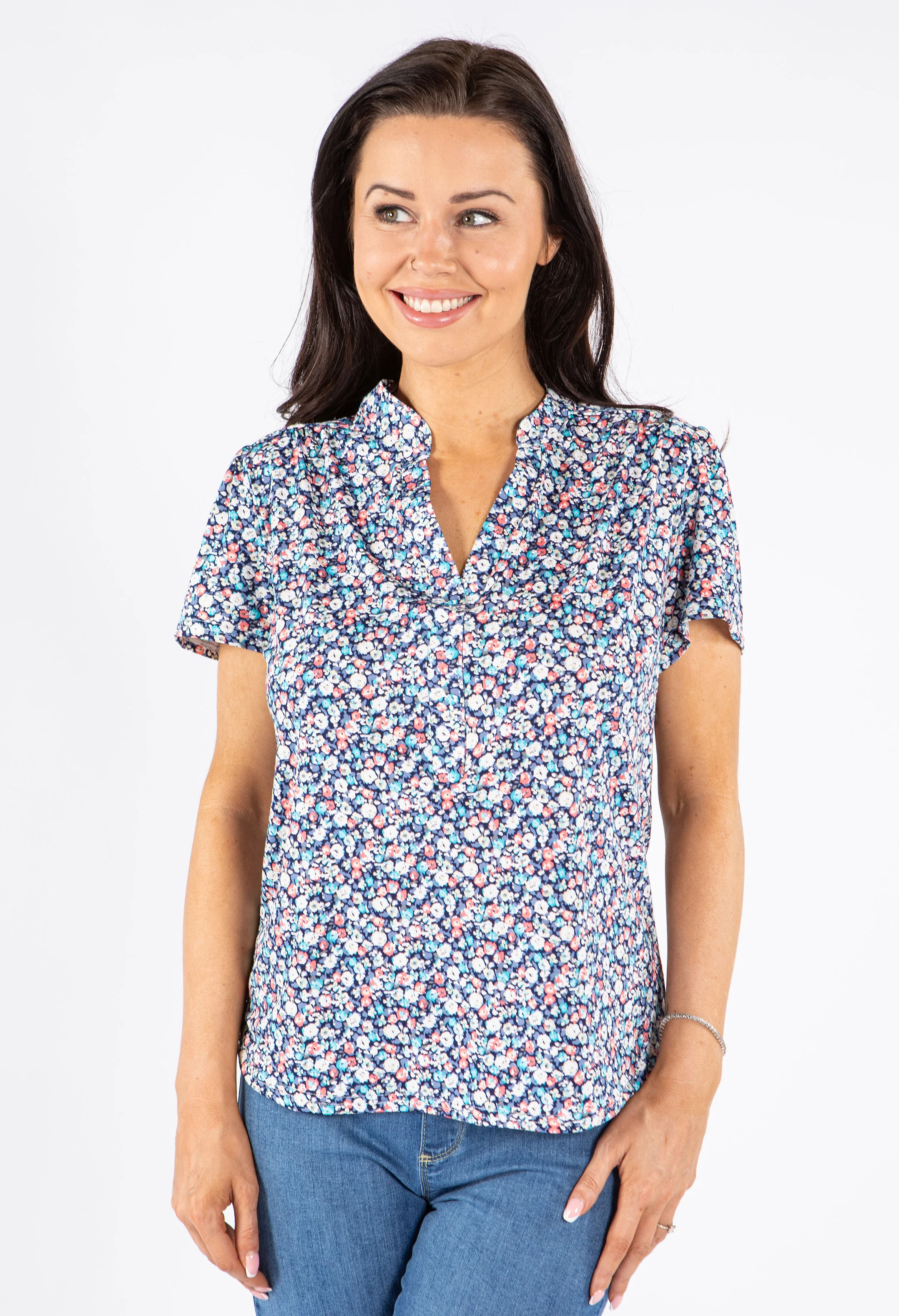 Textured Floral Print V-Neck Top