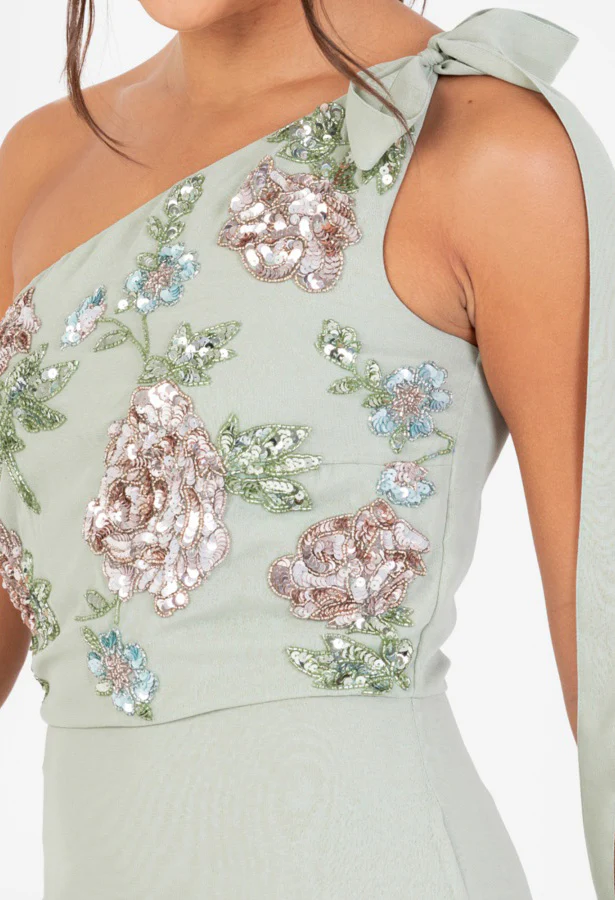 Floral Embellished Self-Tie One Shoulder Maxi Dress