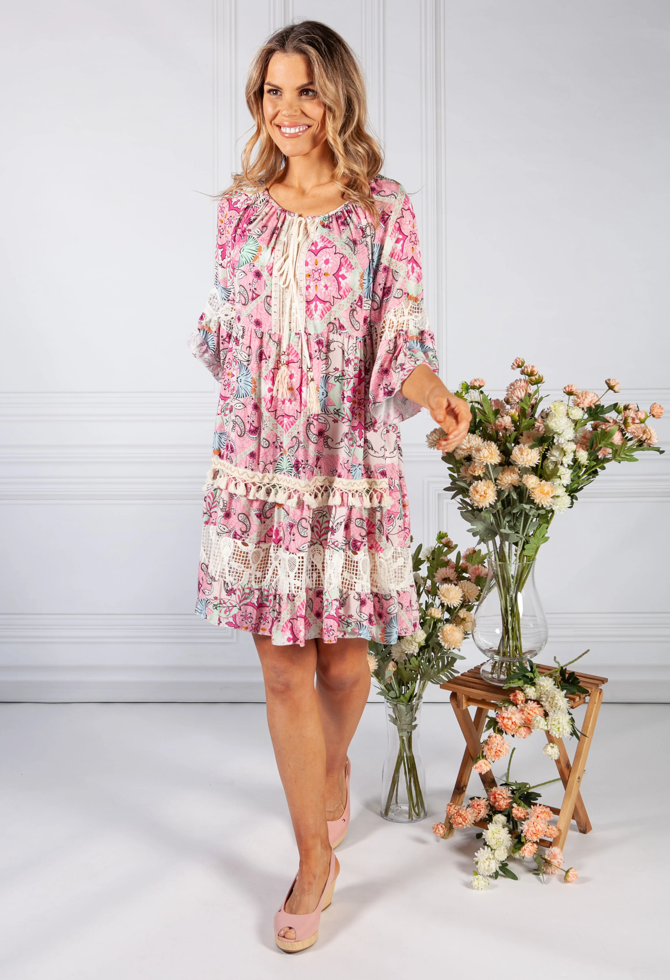 Bright Pink Abstract Print dress with Lace Details