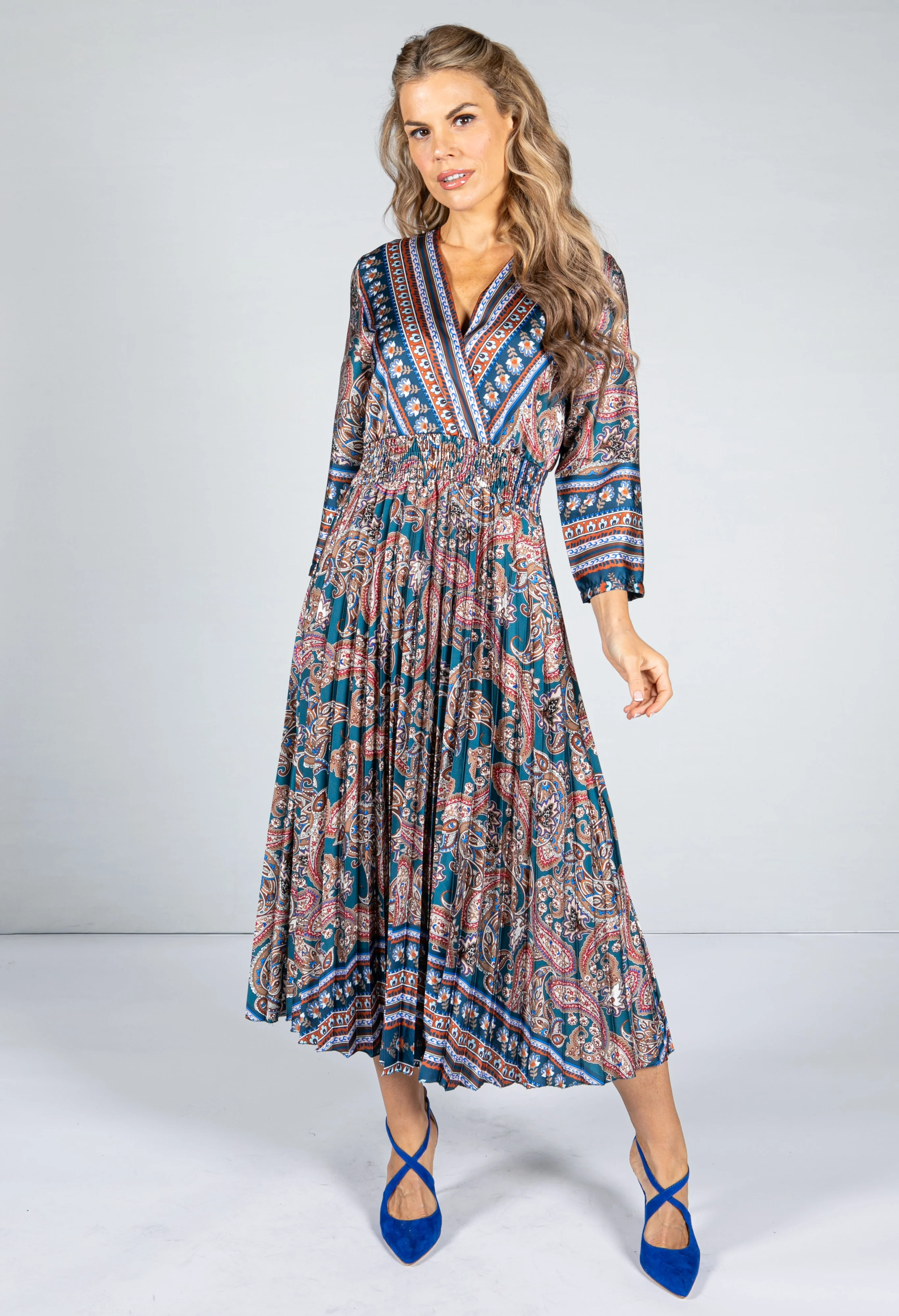 Silk Feeling Paisley Printed Midi Dress in Teal
