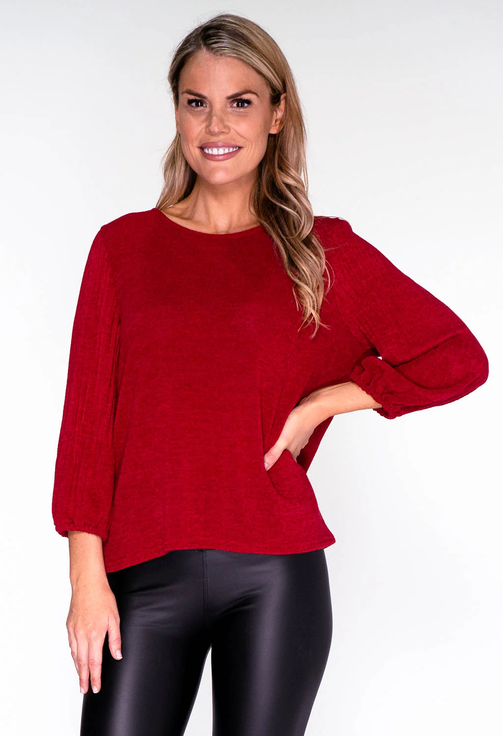 Red Plisse Sleeve Knit Top