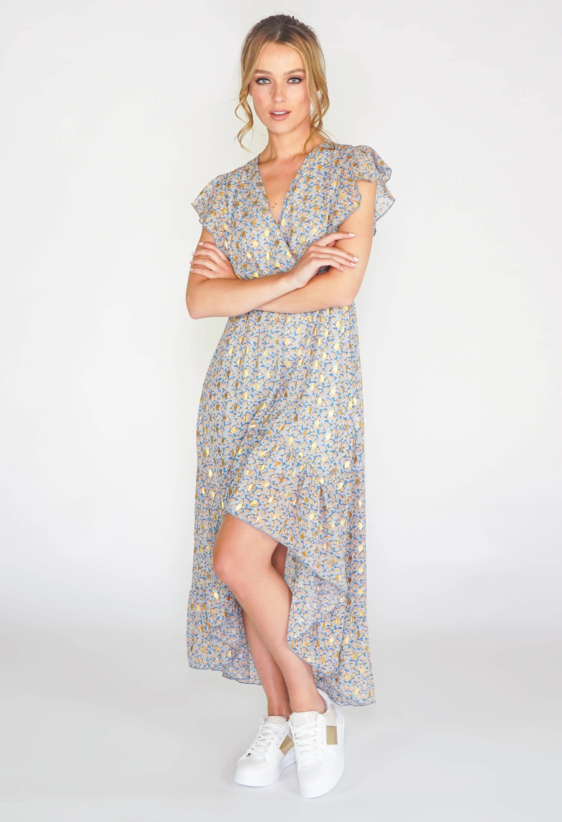 Printed high low dress with foil detail in blue