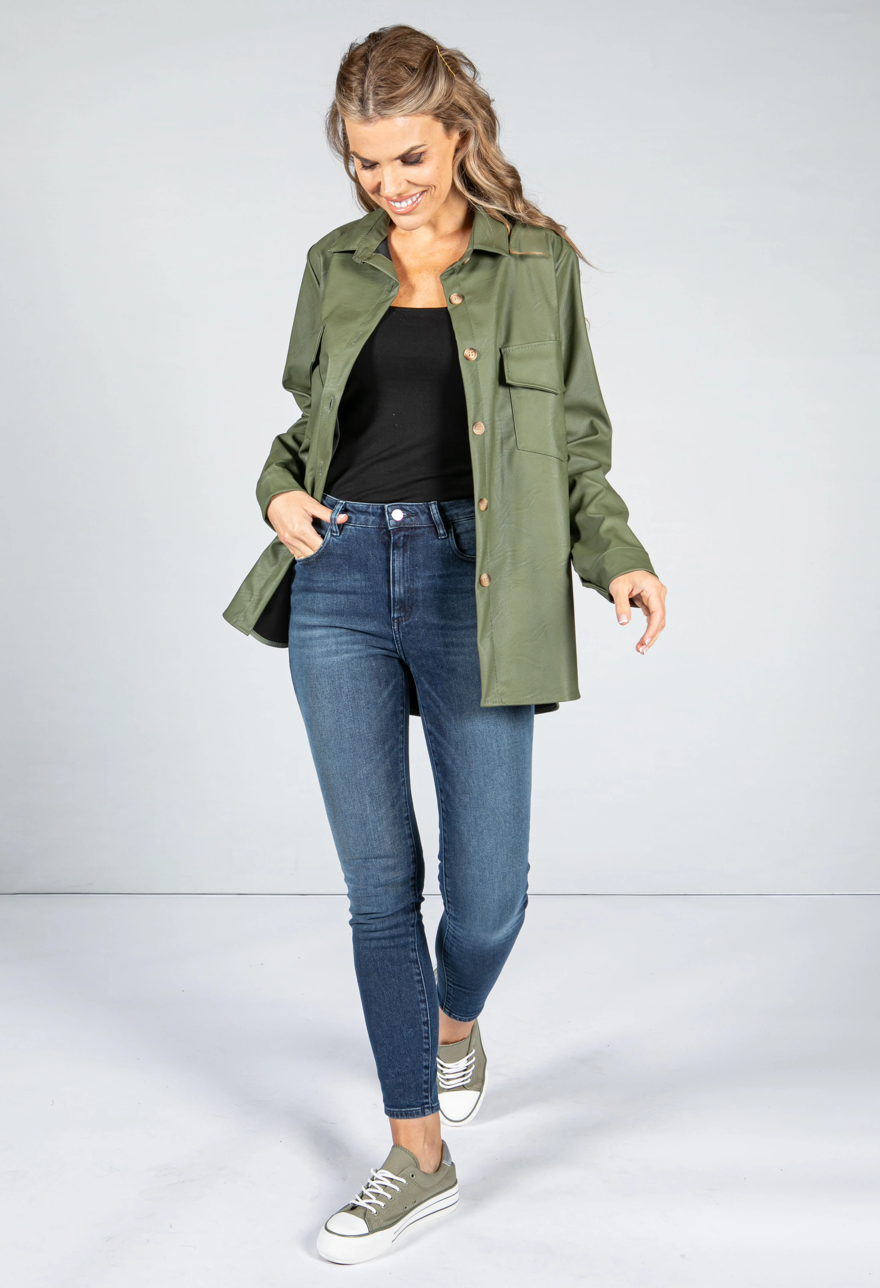 Leatherette Shirt in Khaki Green