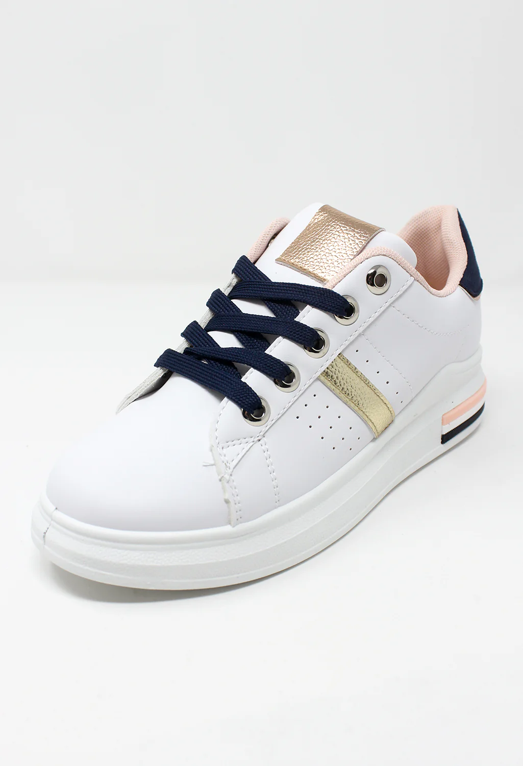 White/Navy laced Trainer