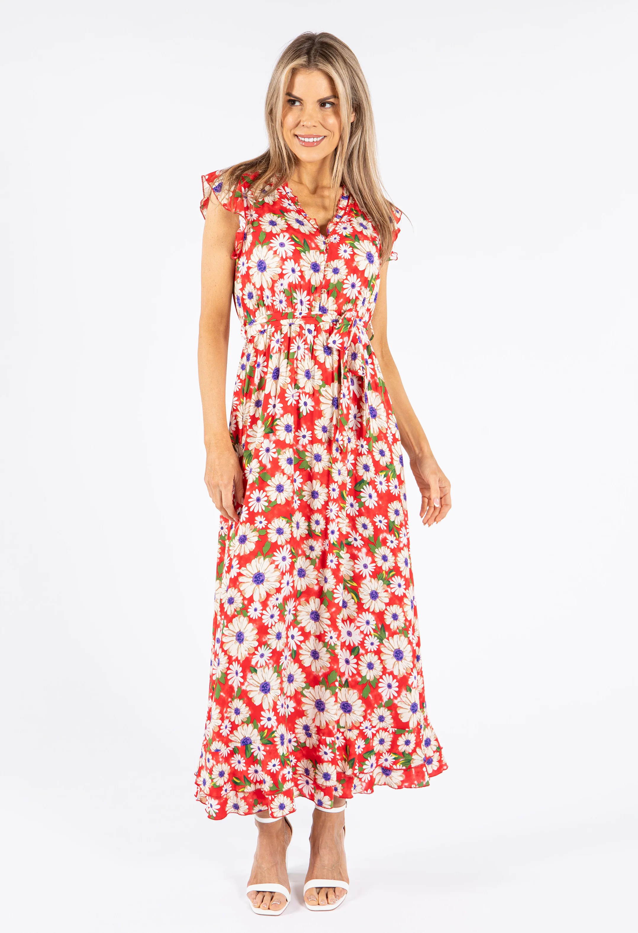 Daisy Print Frill Neckline Maxi Dress