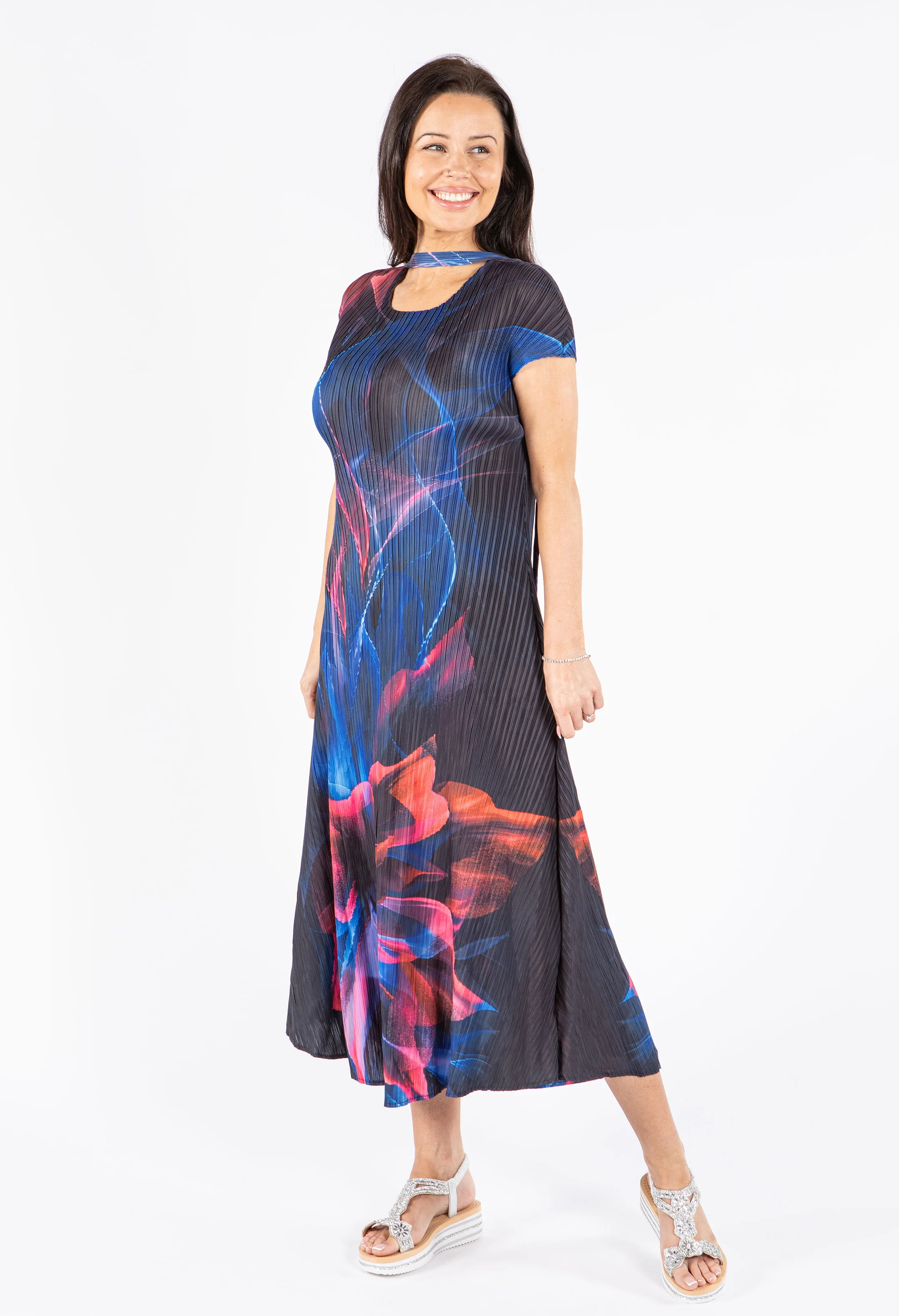 Pleated Abstract Print Midi Dress