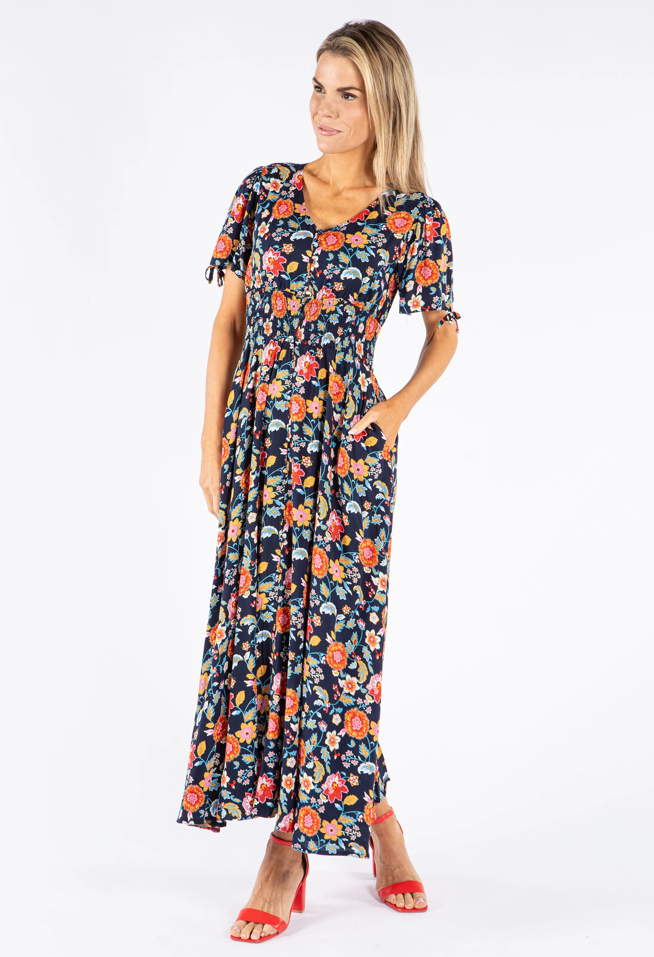 Floral Print Buttoned Midi Dress