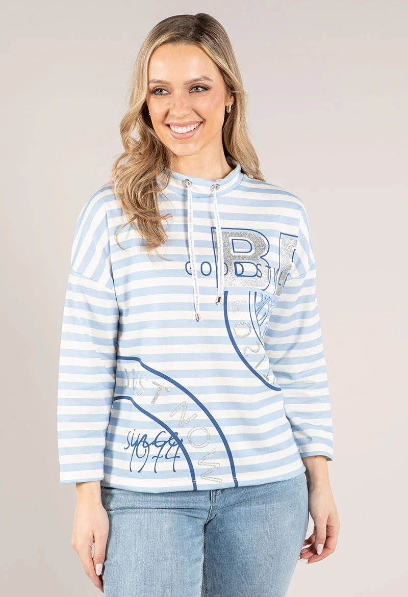 Striped Top with Roll Neck Front Print