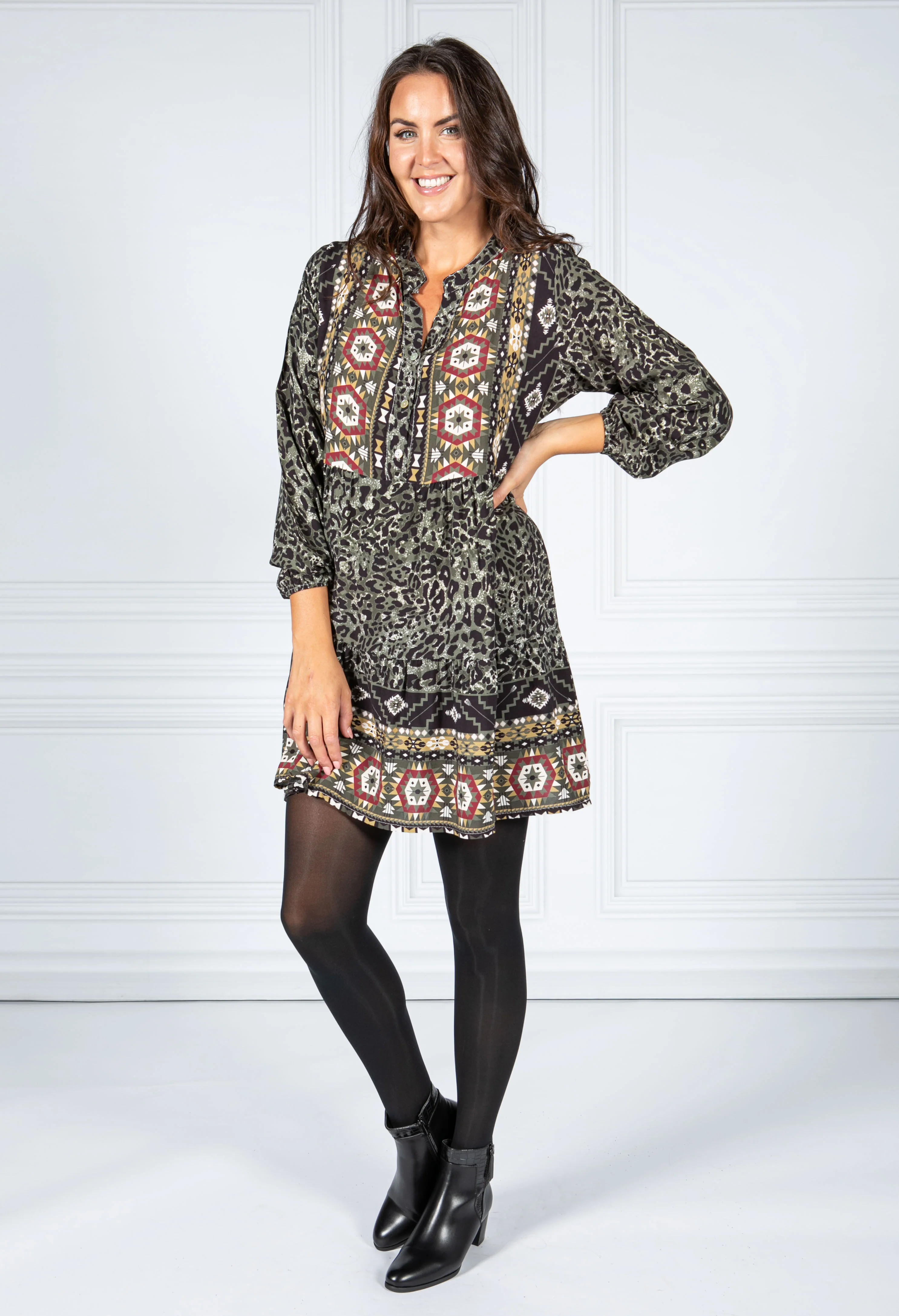 PAMELA SCOTT LEOPARD PRINT SHIRT DRESS IN GREEN