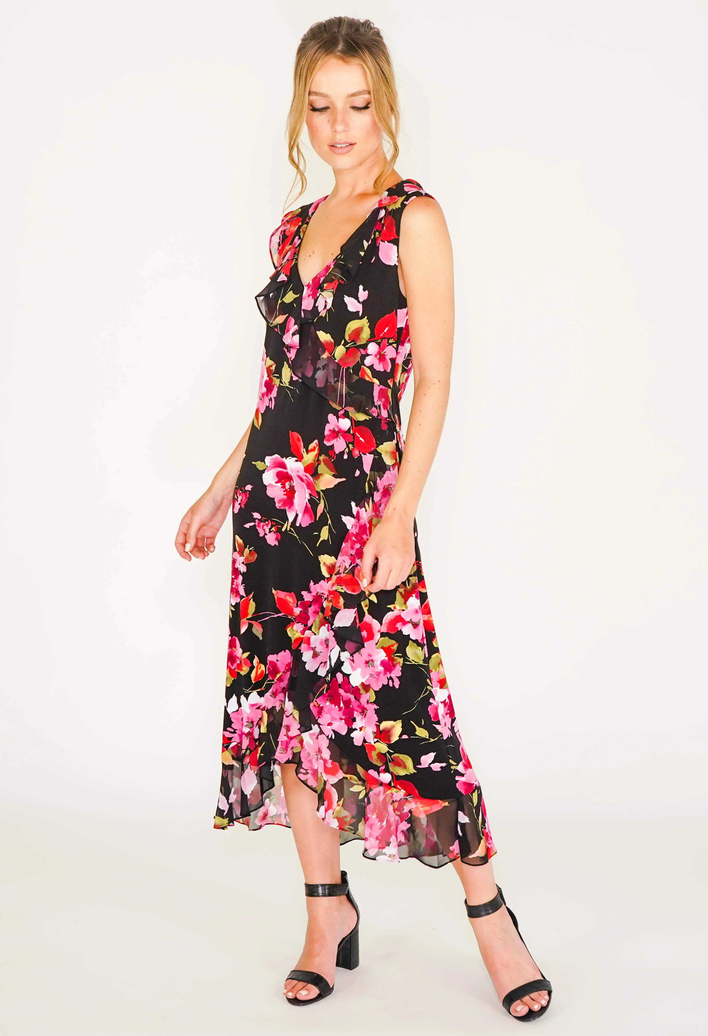 FRILL FRONT DRESS WITH FLORAL PRINT IN BLACK, RED AND PINK