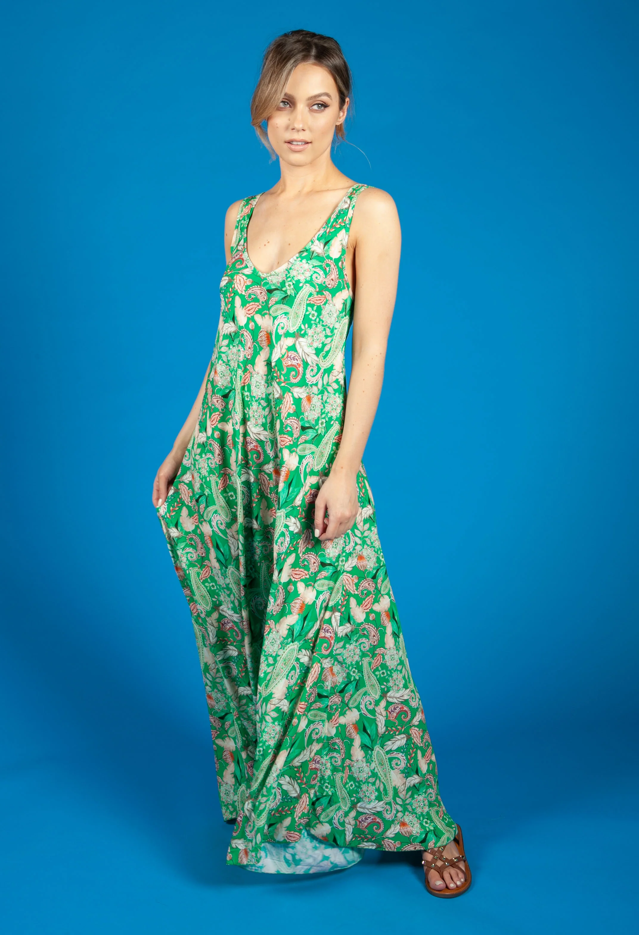 Vintage Print Summer Dress in Emerald Green