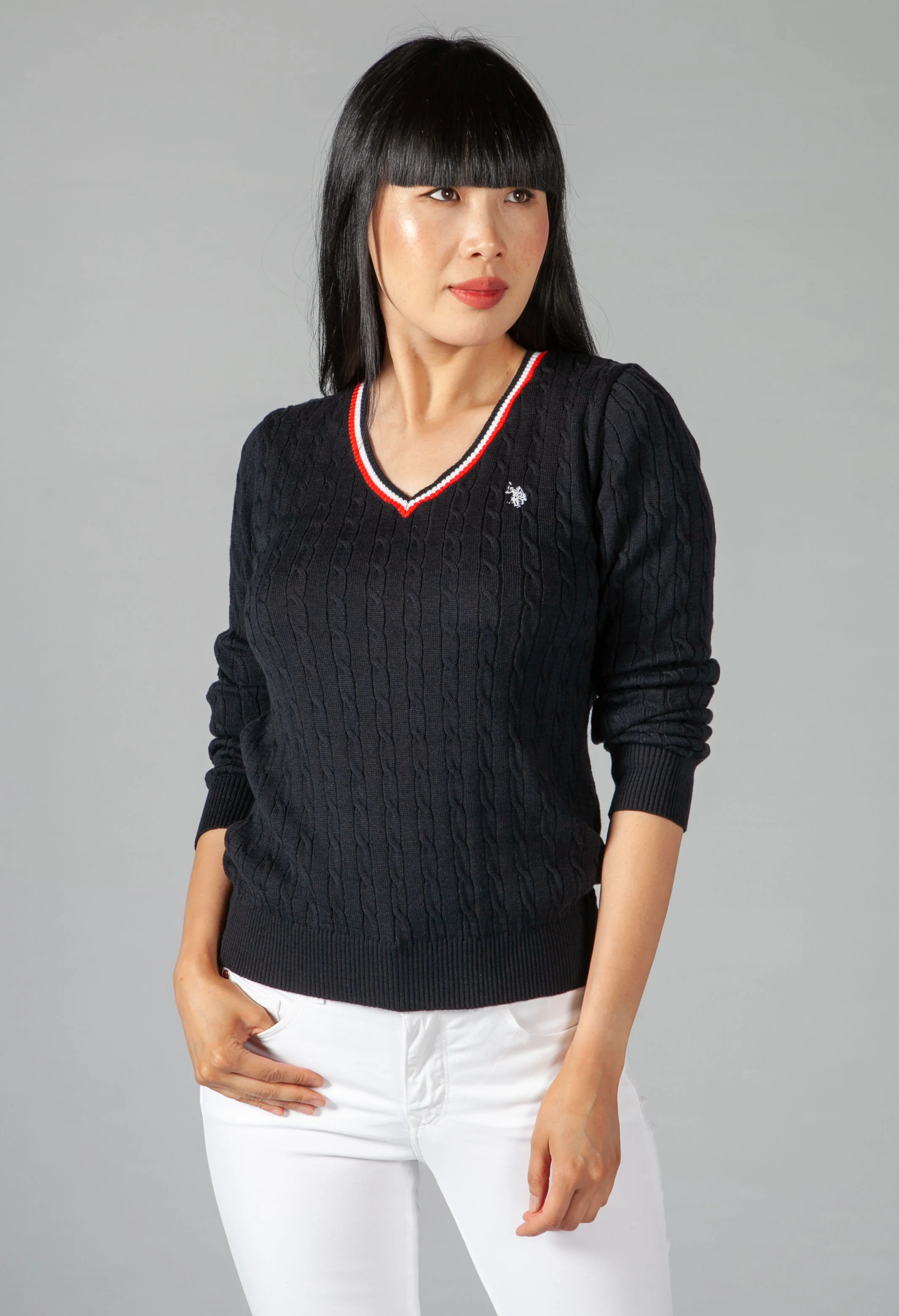 Navy Cable Knit V neck Jumper