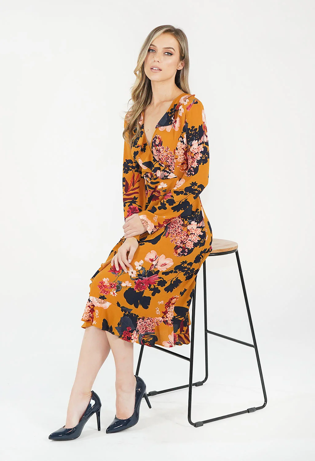 Mustard Floral Pattern Print Dress