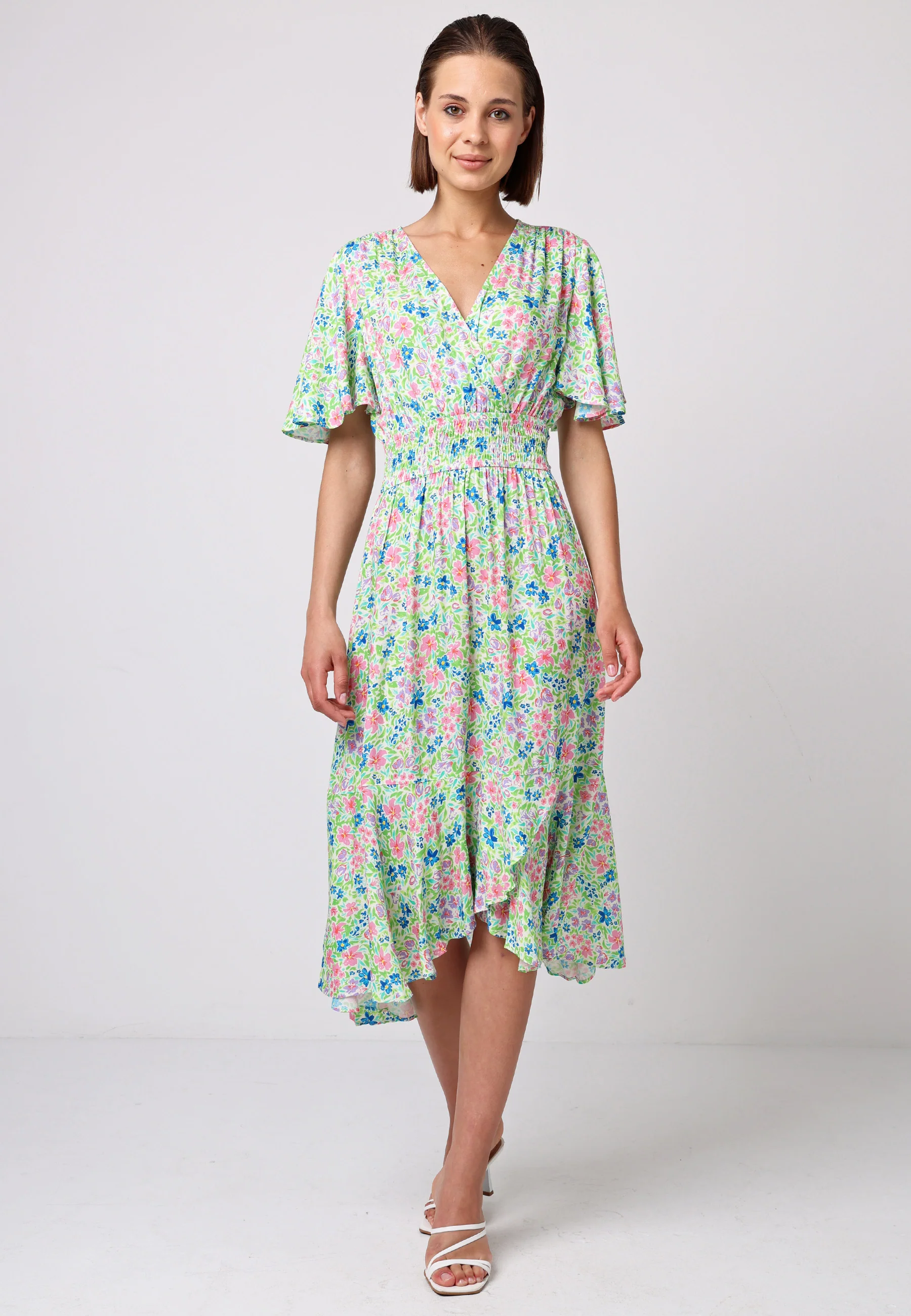 Shirred Waist Wrap Top Flutter Sleeve Midi Dress
