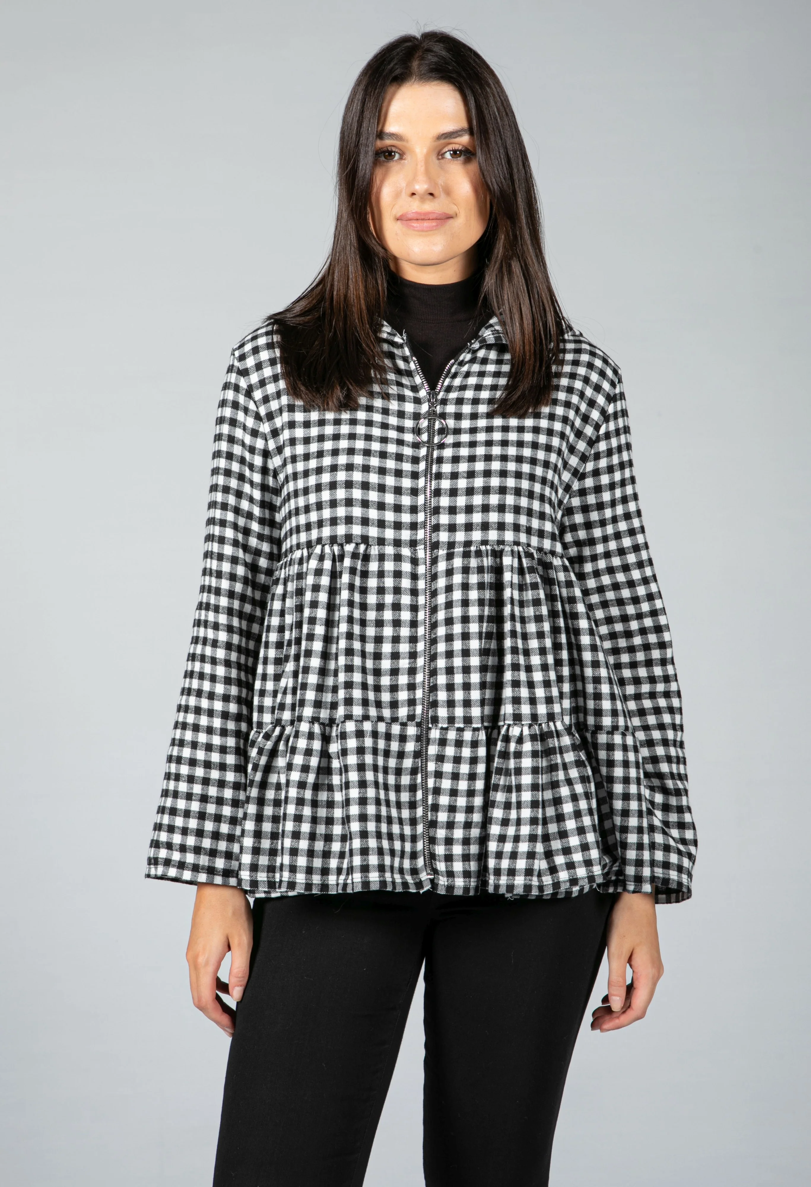 Gingham Tiered Zip Cardigan