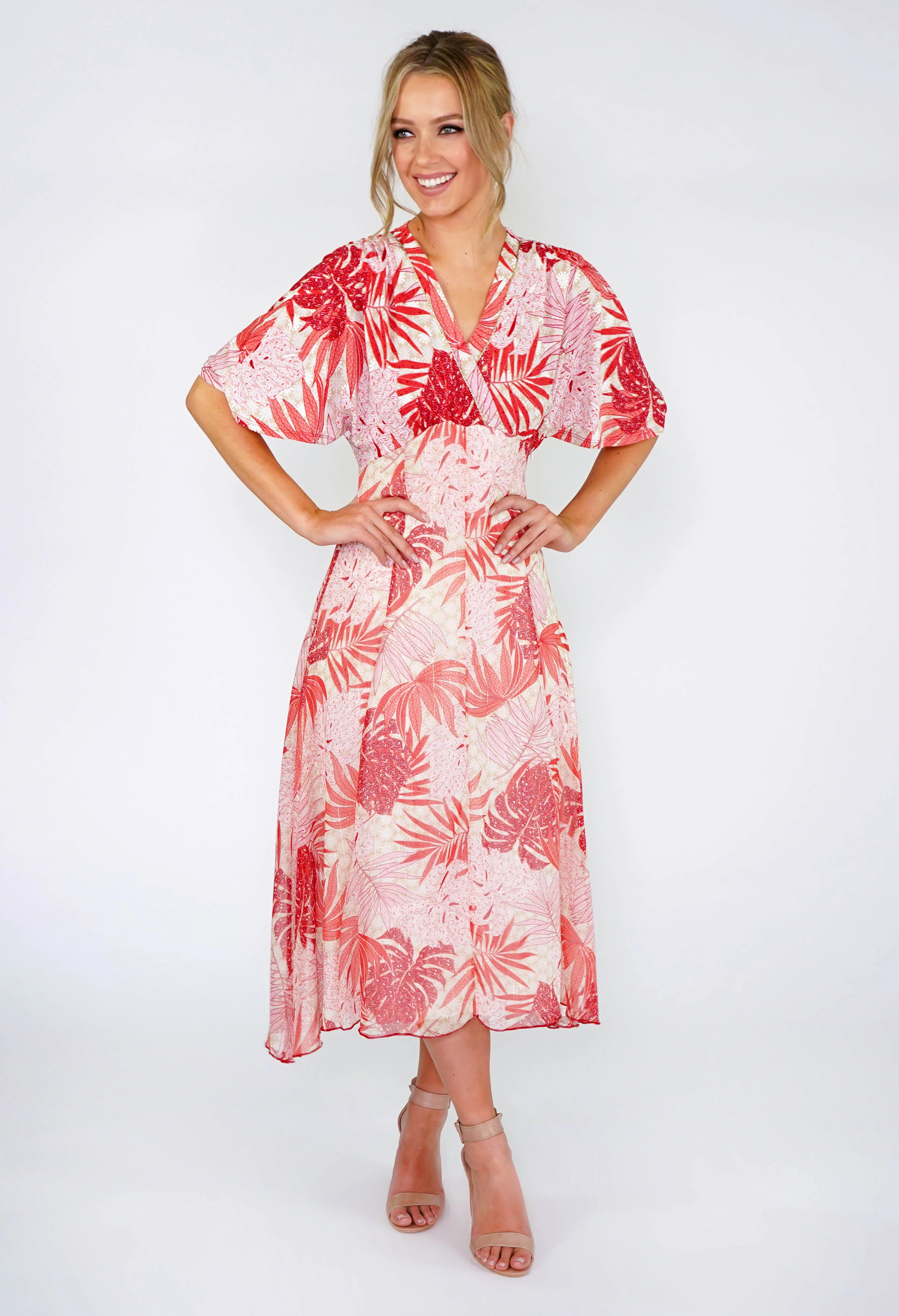 Coral Palm Leaf Midi Dress