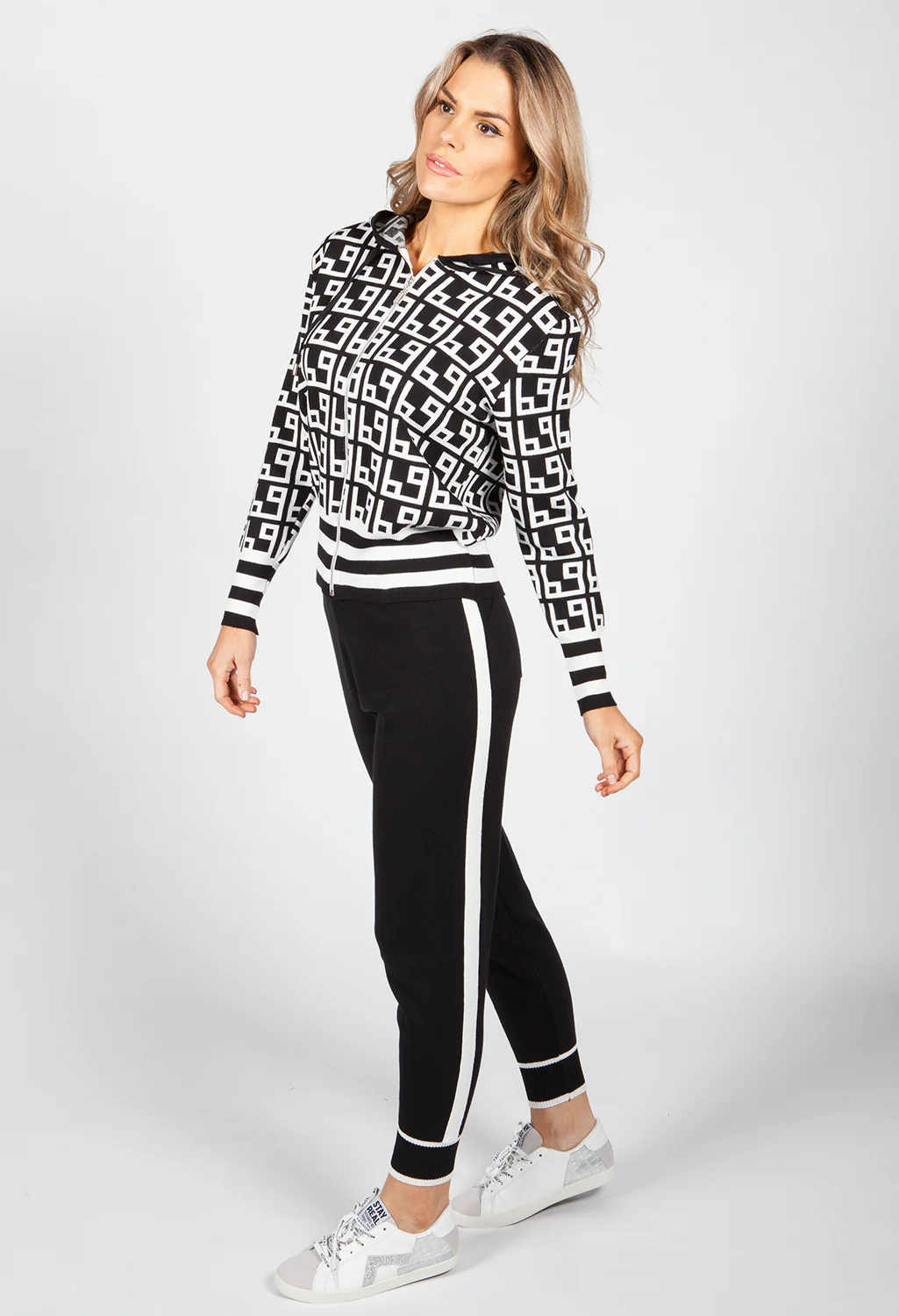 Black Geometric Design Double Knit Jogger Set