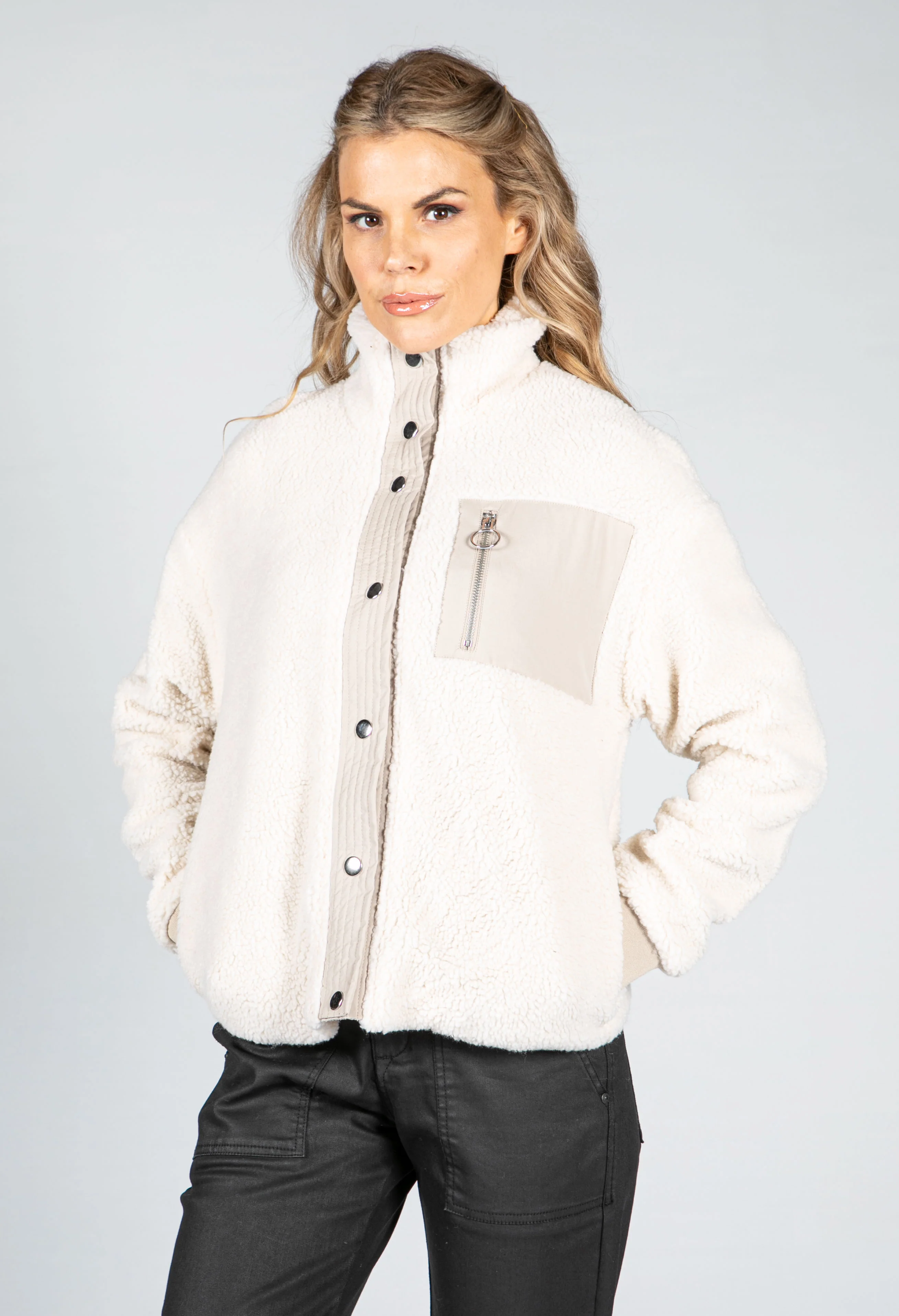 Teddy Fleece Jacket in Cream & Taupe