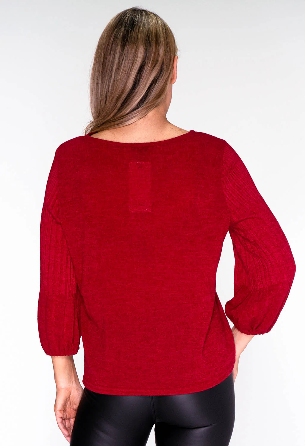 Red Plisse Sleeve Knit Top