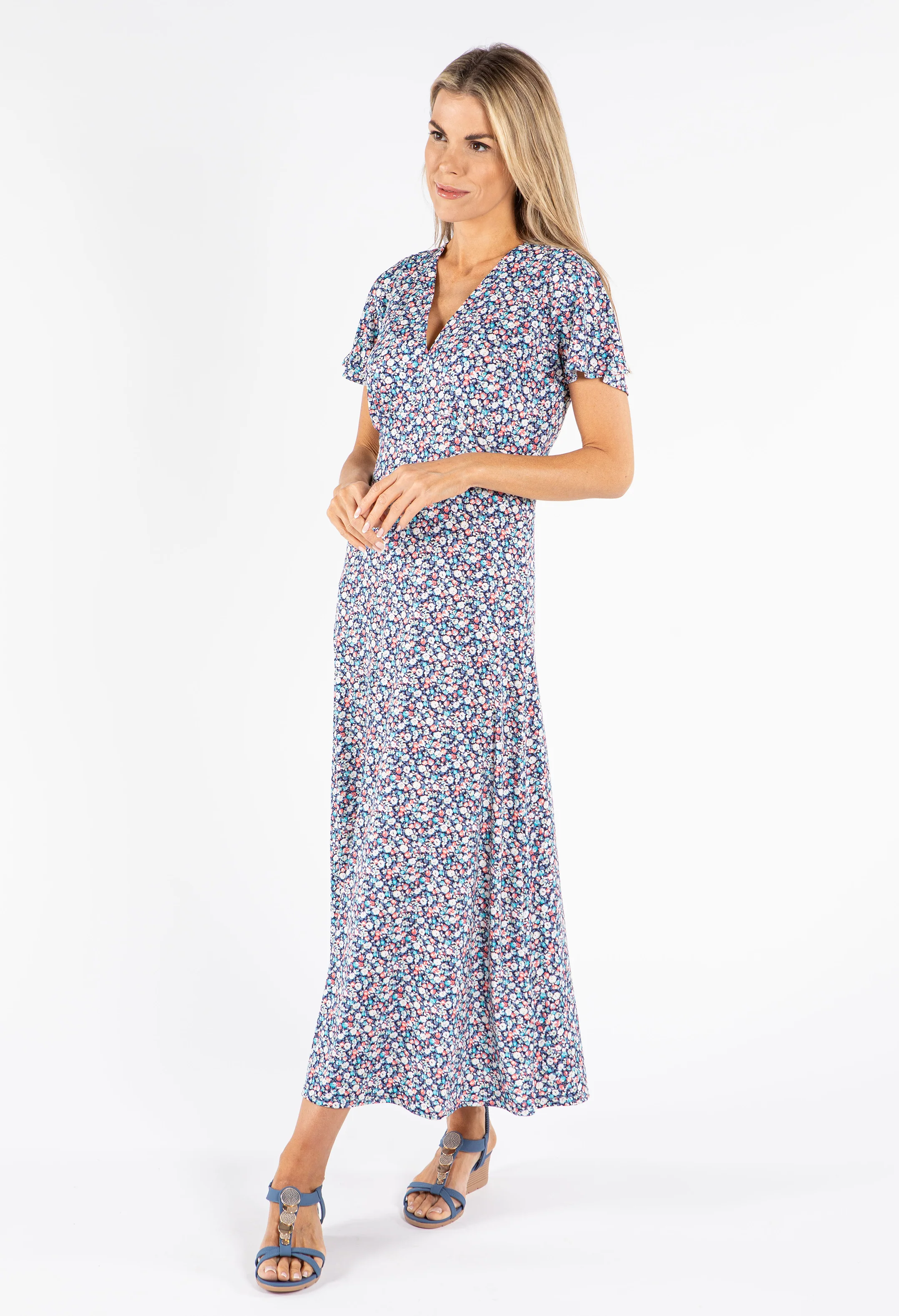 Textured Floral Print Midi Dress