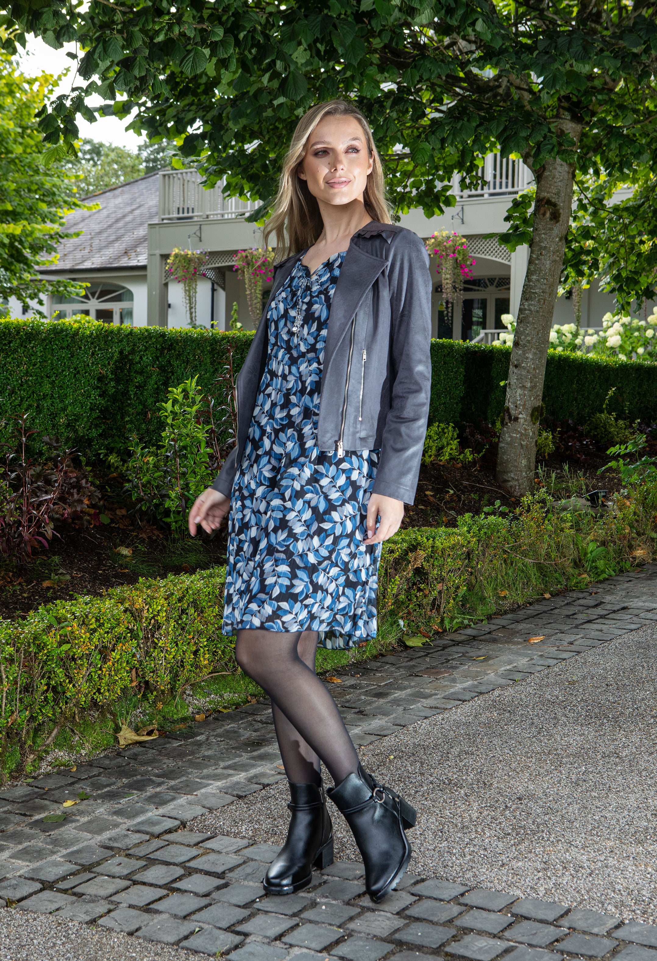Leaf Print Plisse Pleated Dress