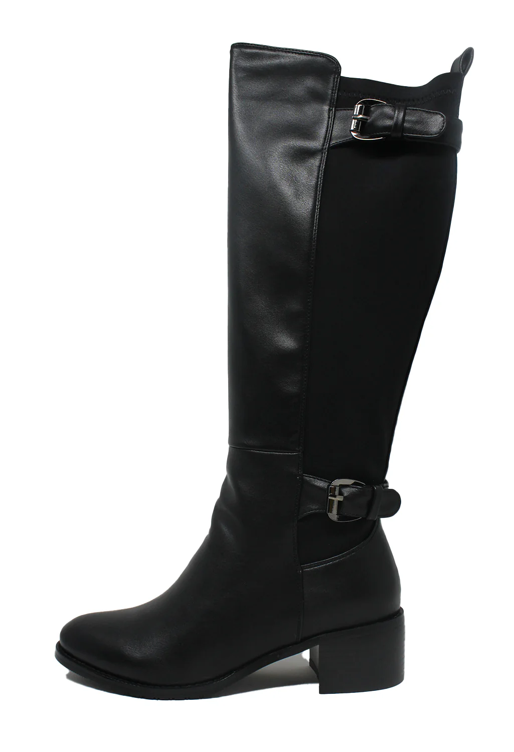 Black Faux Leather & Fabric Long Leg Side Zip Boot