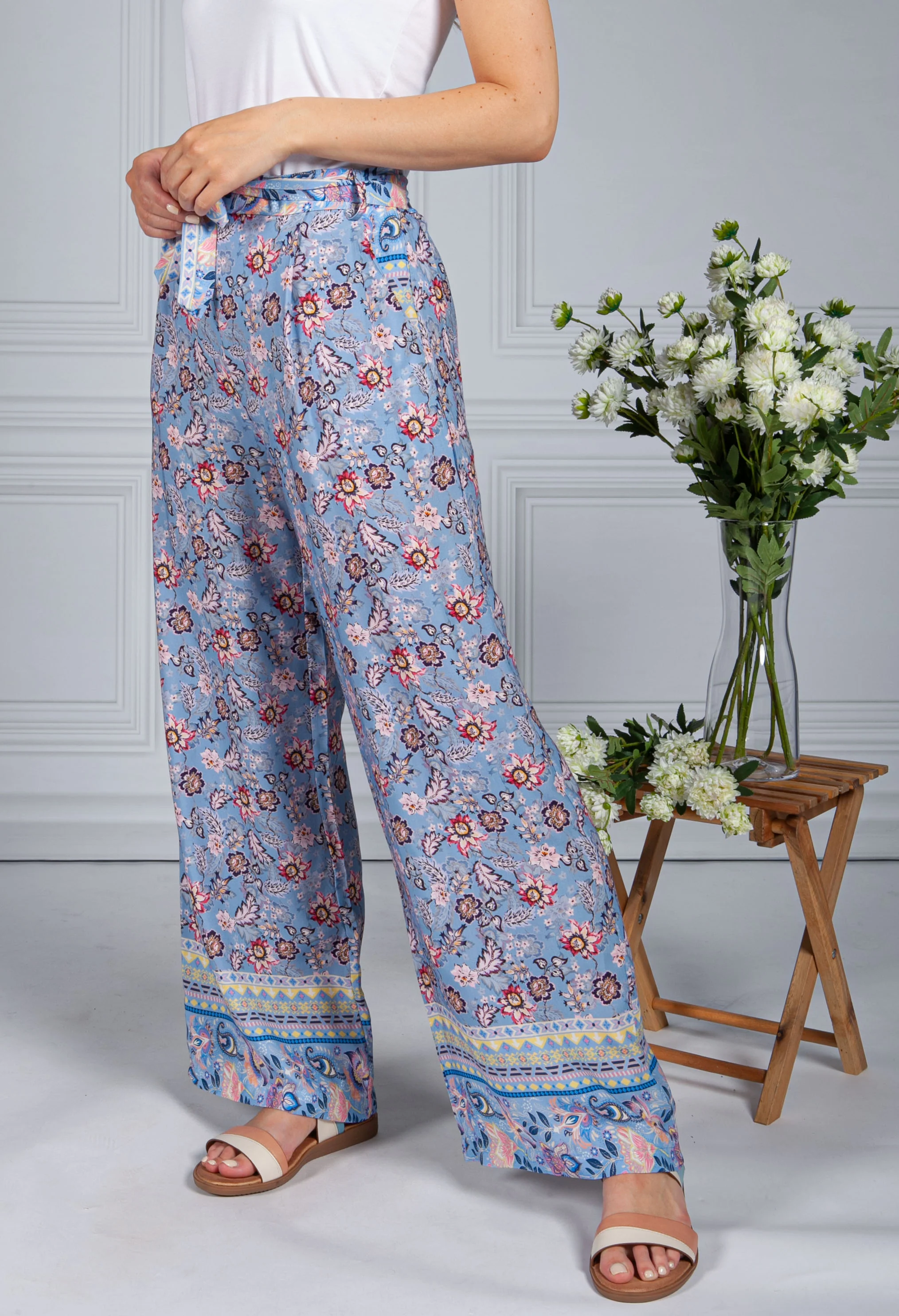 Vintage Floral Print Trousers in Corn Flower Blue