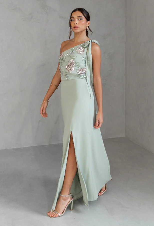 Floral Embellished Self-Tie One Shoulder Maxi Dress