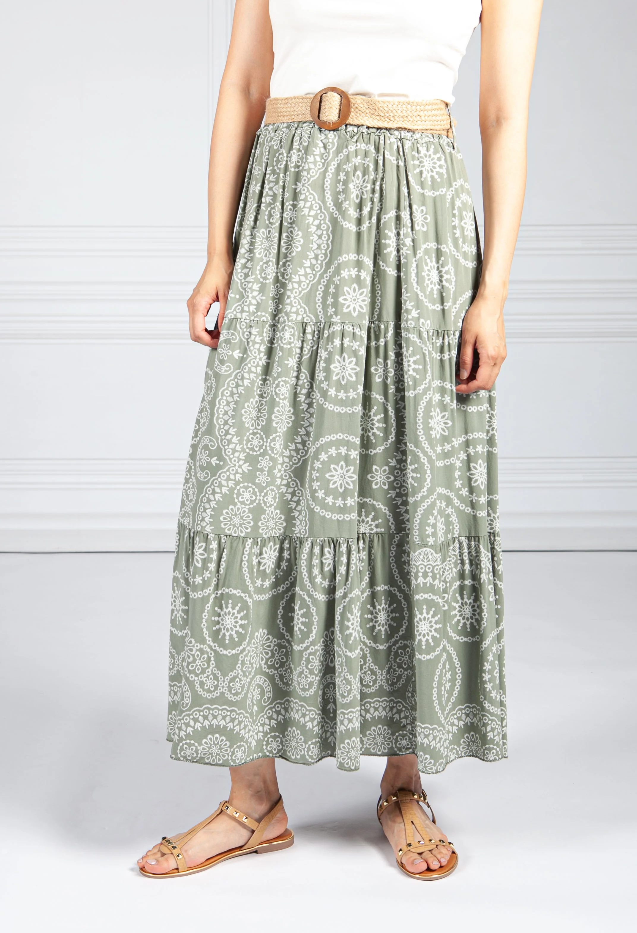 Stitching Print Boho Skirt in Olive