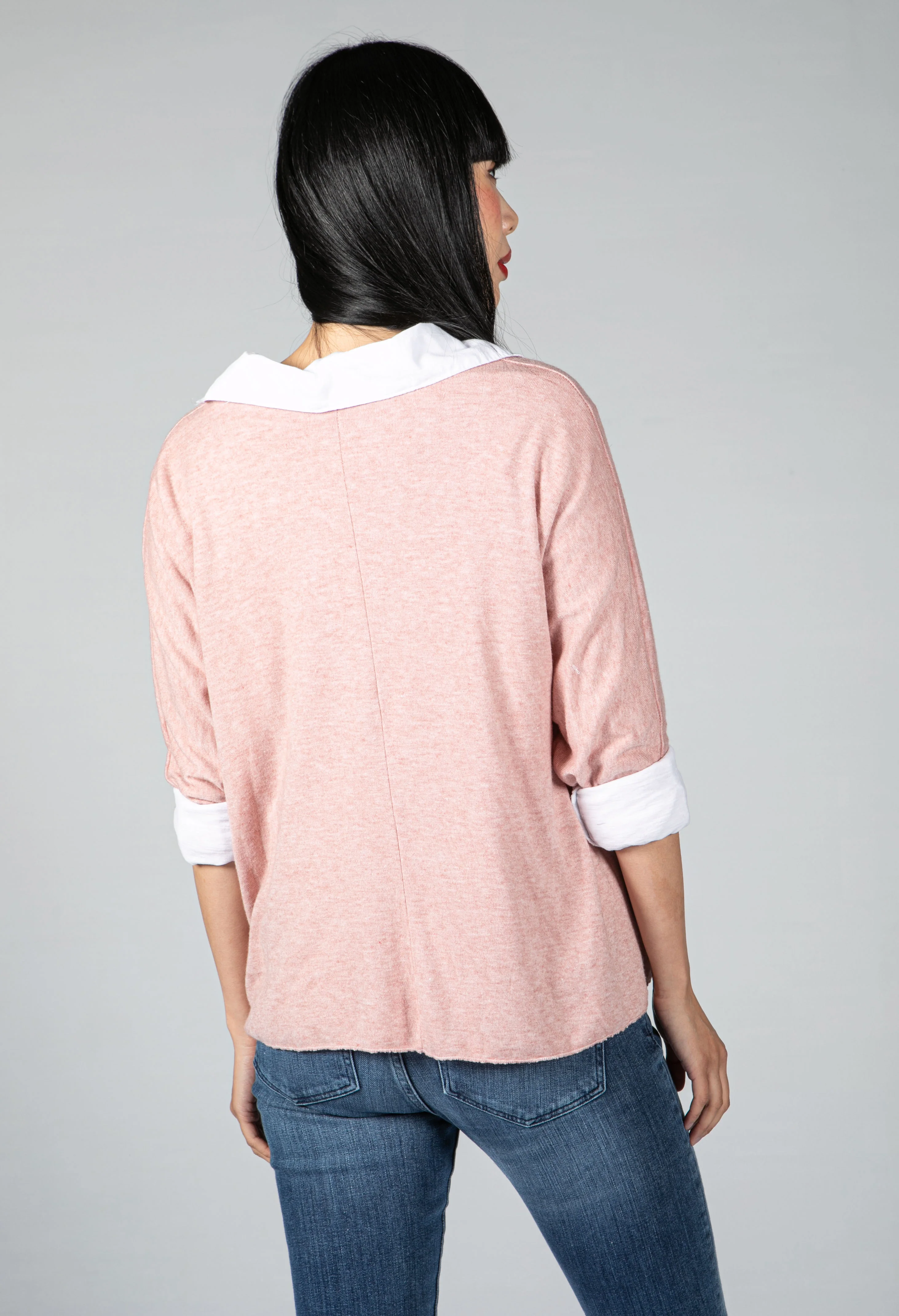V neck Jumper With Shirt Detail in Blush