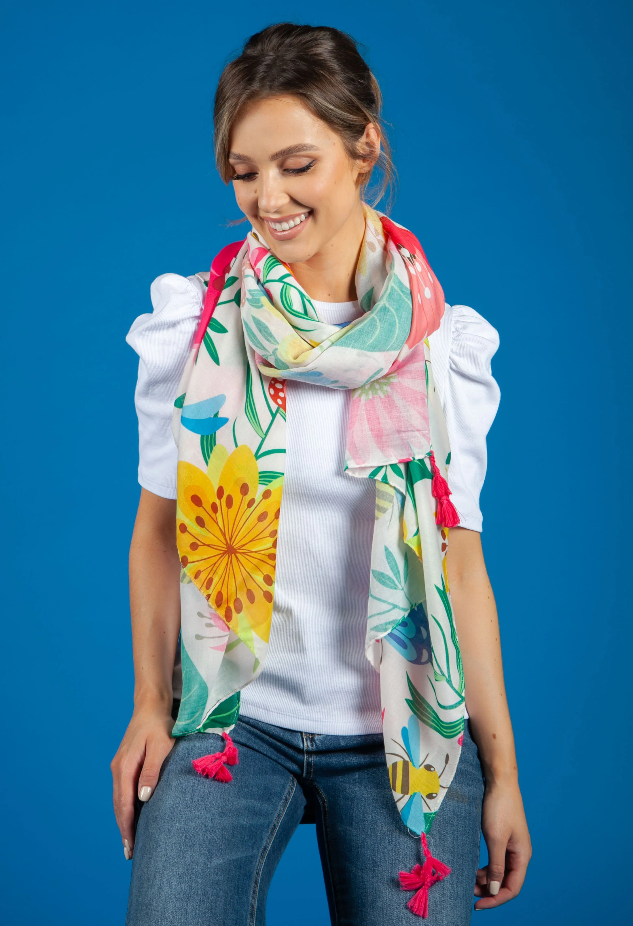 Floral Pop Print Scarf with Tassel Corners