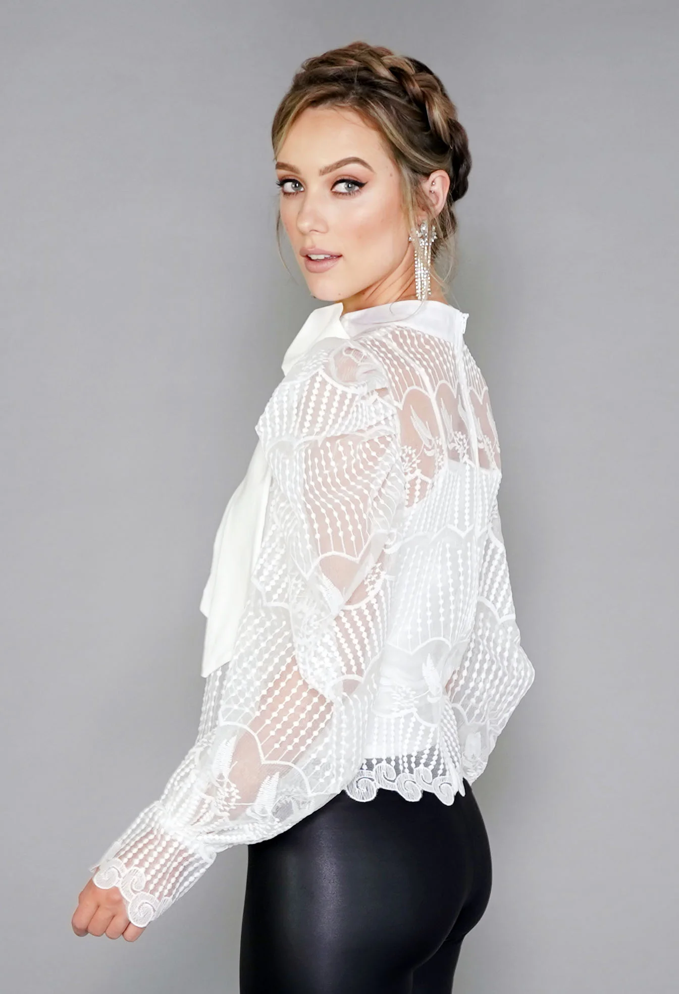 White Puff Sleeve Embroidered Mesh Top