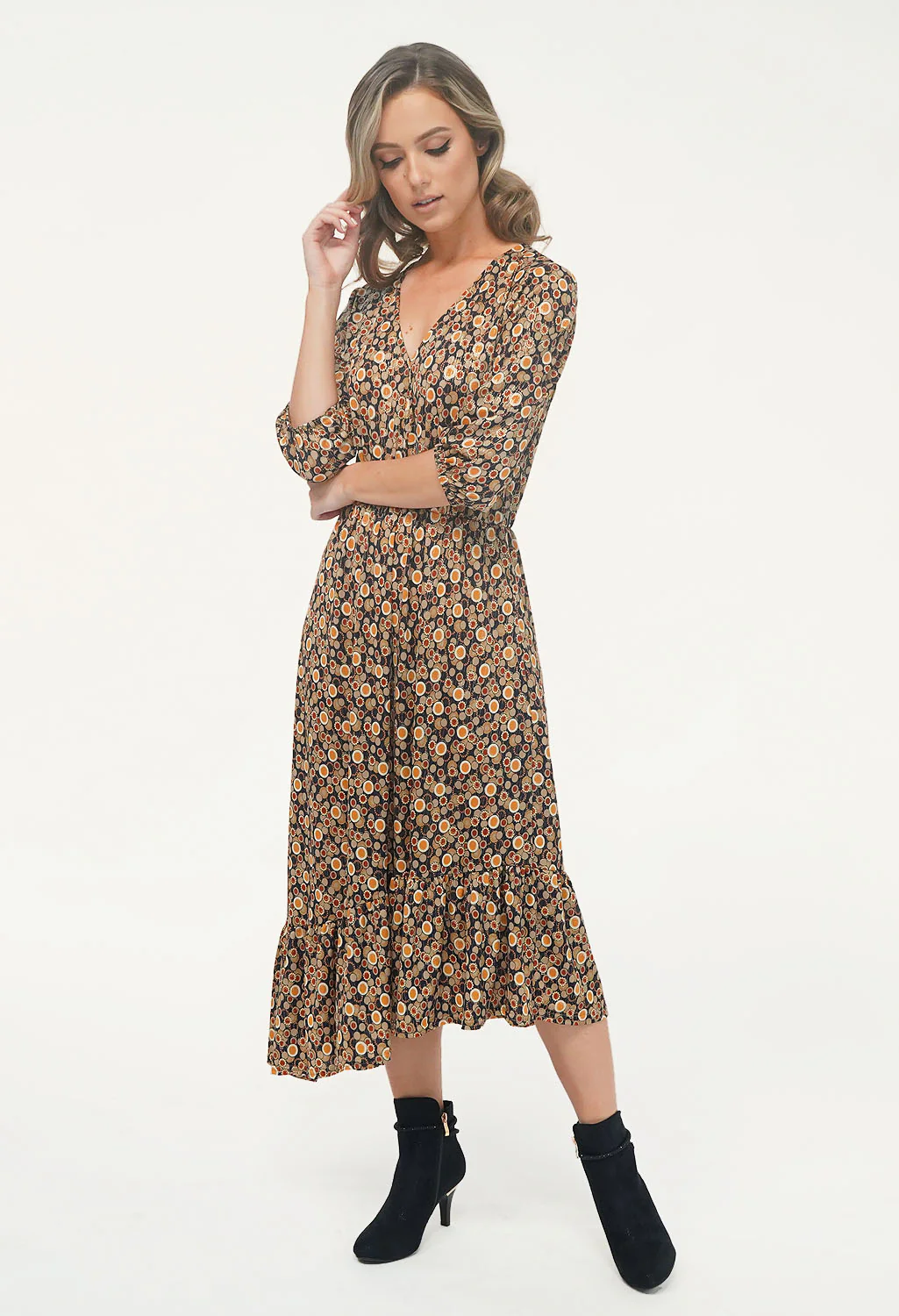 Navy Gold Pattern Asymmetric Midi Dress
