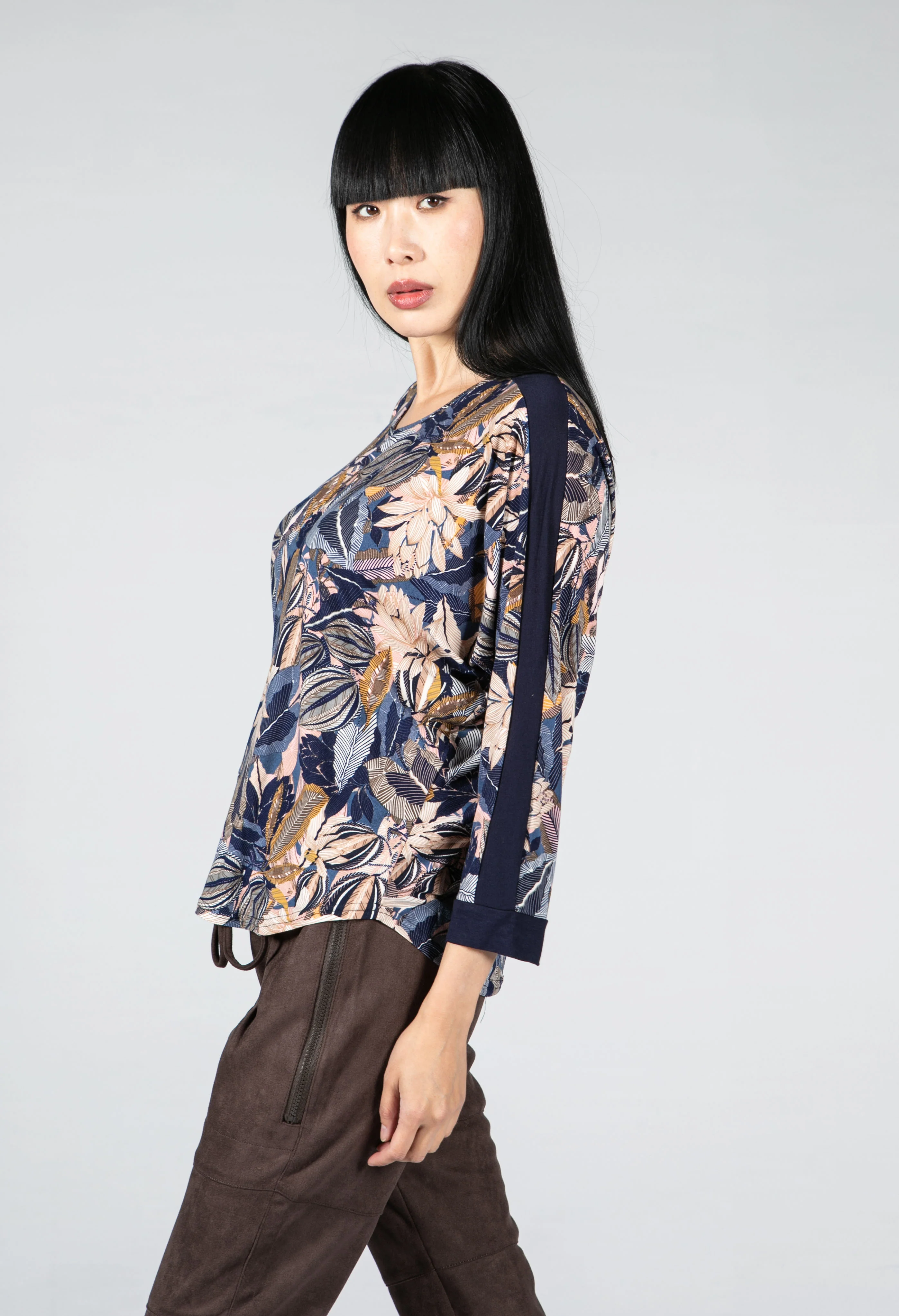 Navy Leaf Print Top
