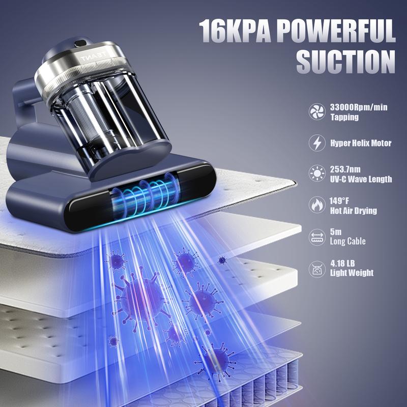 Teant Mattress Vacuum Cleaner for Dust Mites Removal, Bed Vacuum with UV-C Light & 149℉ Hot Air & Aroma Tablet & LED Display, Hyper Helix Motor&16Kpa Powerful Suction Double-Cup Handheld Vacuum Cleaner With HEPA Filter for Bed Couch Sofa Carpet