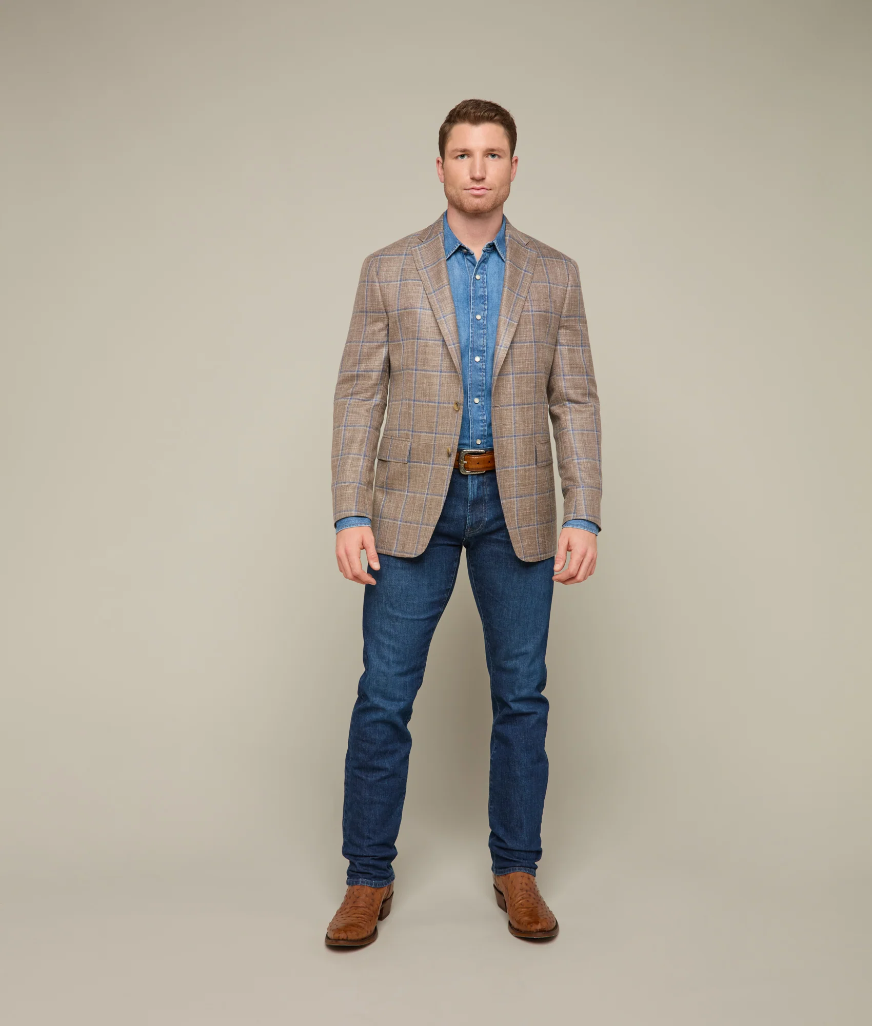 Lucchese Sport Coat :: Dark Beige/Blue Windowpane Plaid