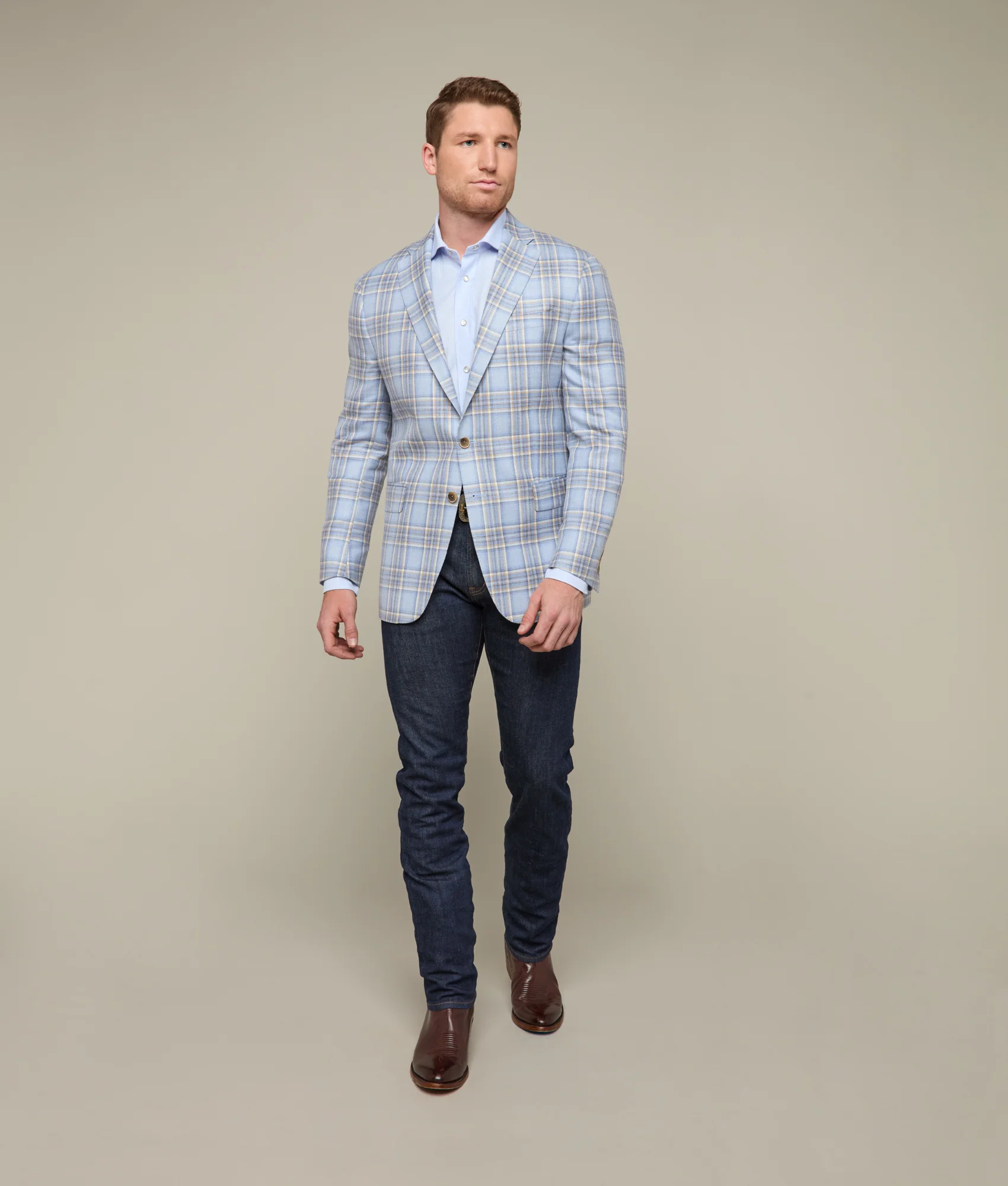 Lucchese Sport Coat :: Light Blue/Tan Plaid