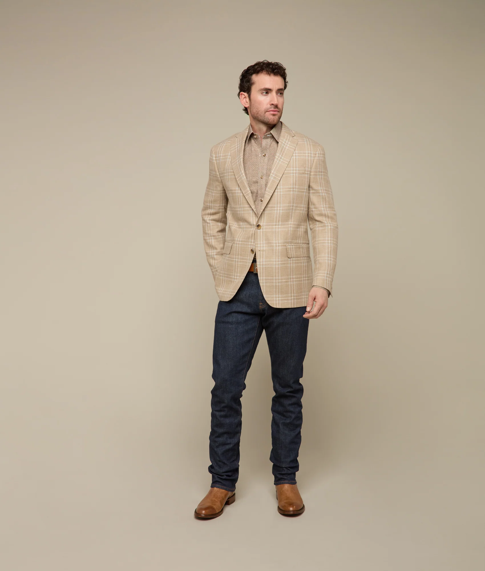 Lucchese Sport Coat :: Beige/Light Blue Plaid
