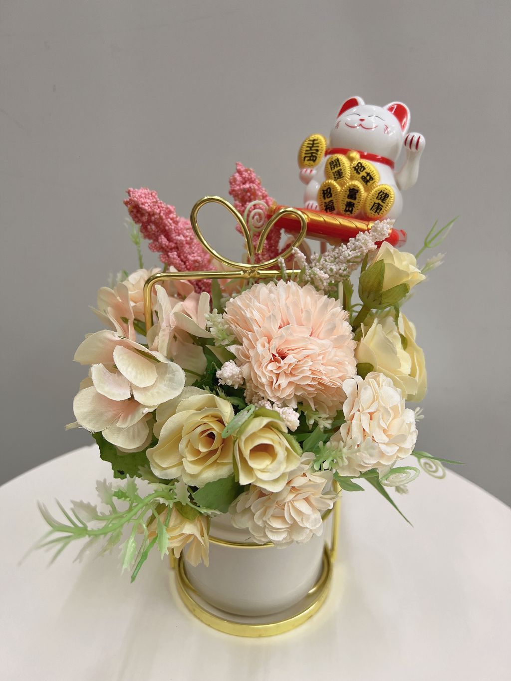 Artificial Pink Flower Lucky Cat