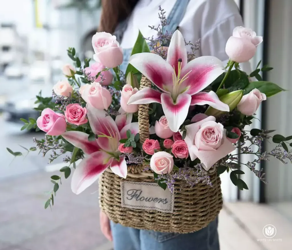 Pink Lily and Roses Basket