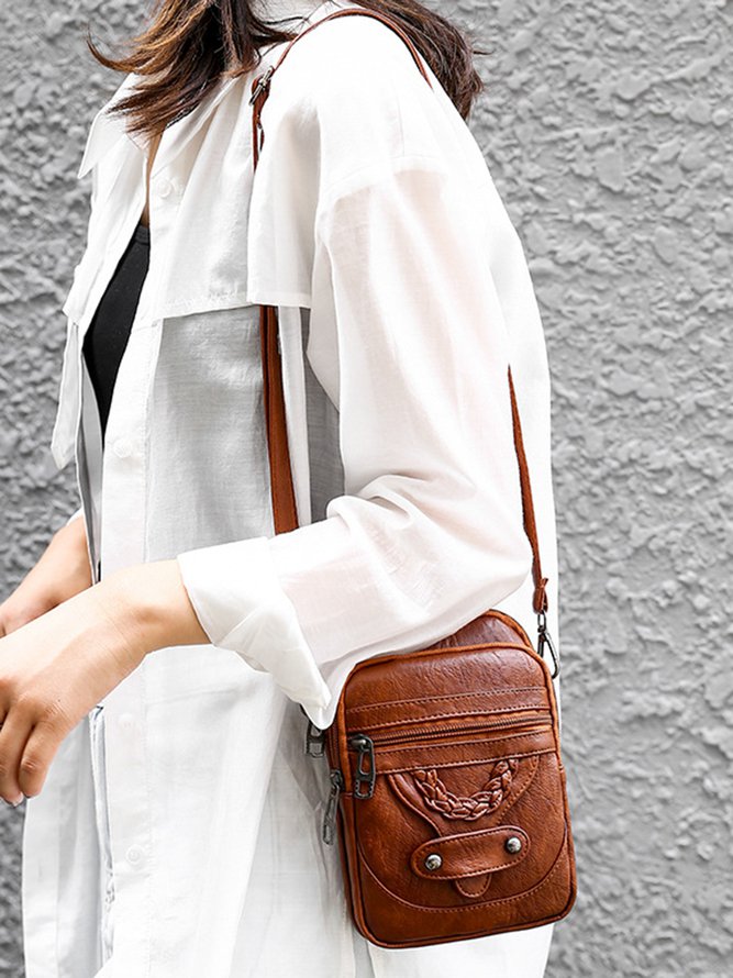 Antique Soft Leather Zip Multi Pocket One Shoulder Crossbody Bag