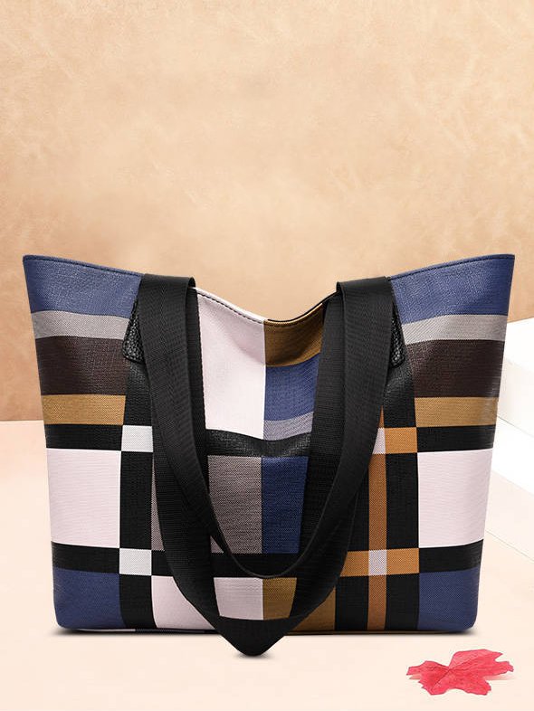 Casual Leather Contrast Check Tote Shoulder Bag Daily Urban