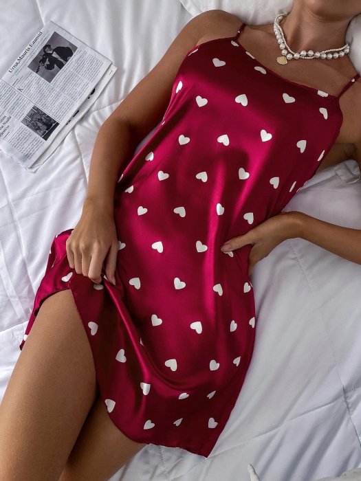 Satin Loose Heart/Cordate Elegant Nightdress