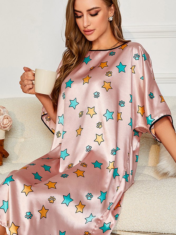 Simple Loose Silk Star Print Nightdress
