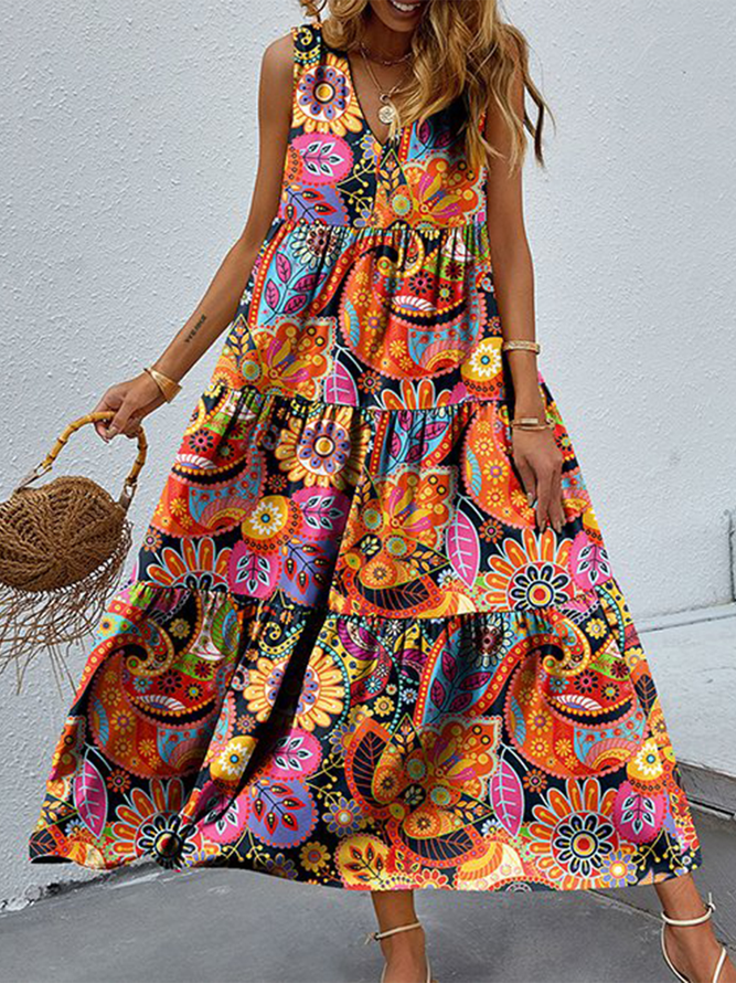Loose Floral Casual V Neck Dress